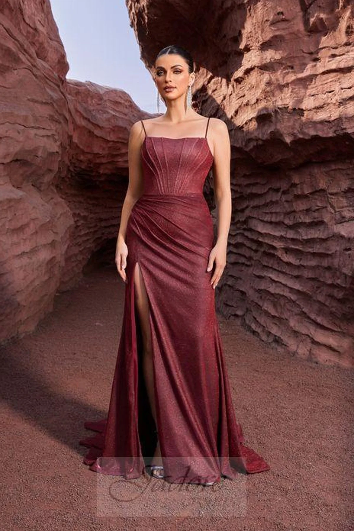 Sparkling Fit to Flare Square Neck Gown in Wine - Size 14