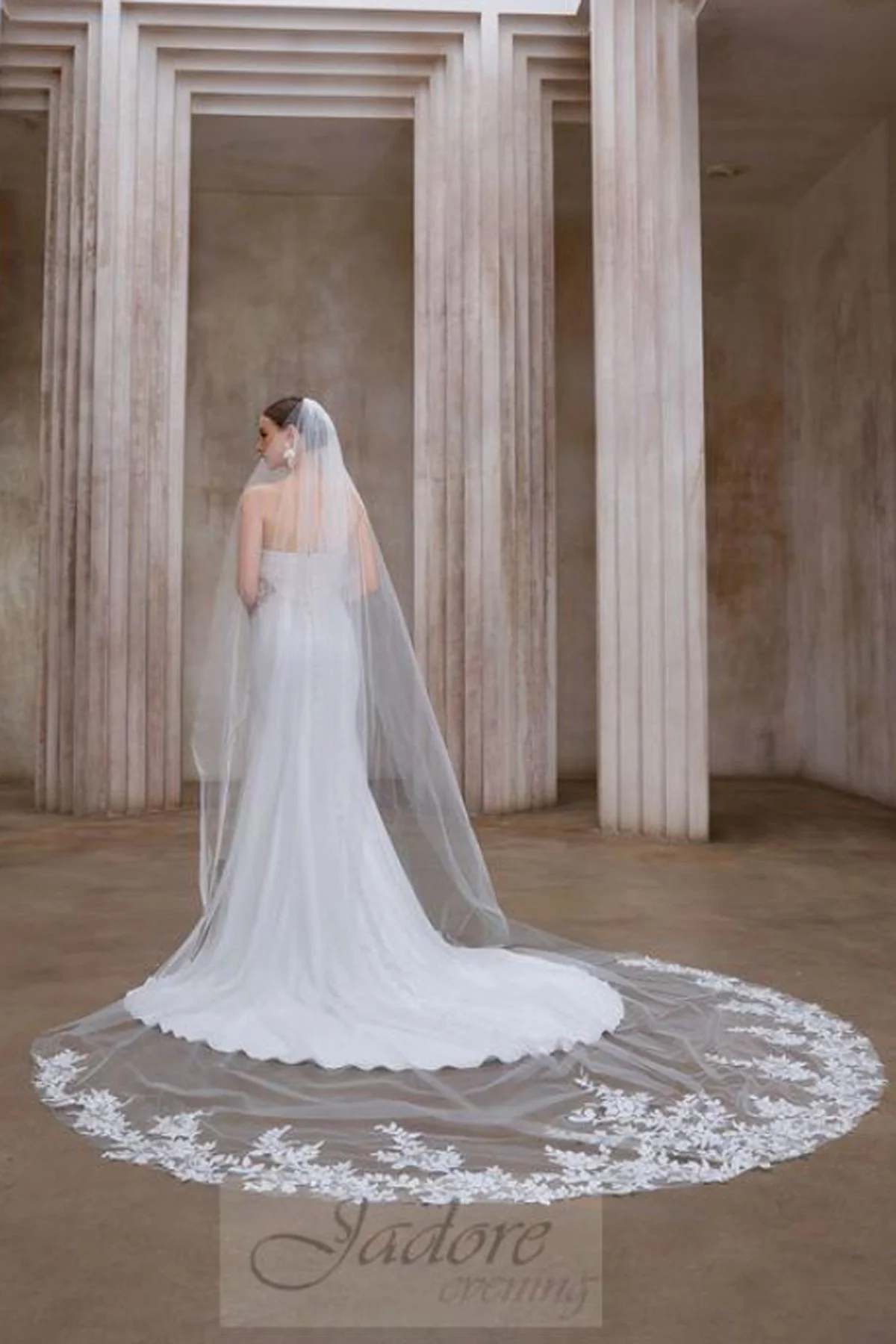 Romantic Long Cathedral Veil with Pretty Floral Edging on Bottom in Ivory - Style JE1308V