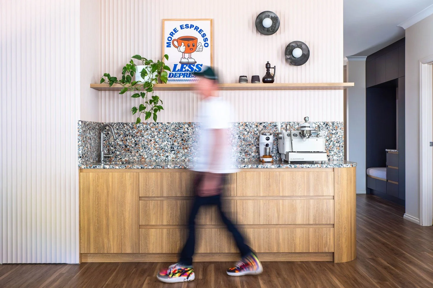 Do you have a boring white wall you hate? Check out the before and after of our coffee bar transformation. We took space from a disused utility cupboard and designed something lovable, functional and pretty darn cool. Need help designing better solut