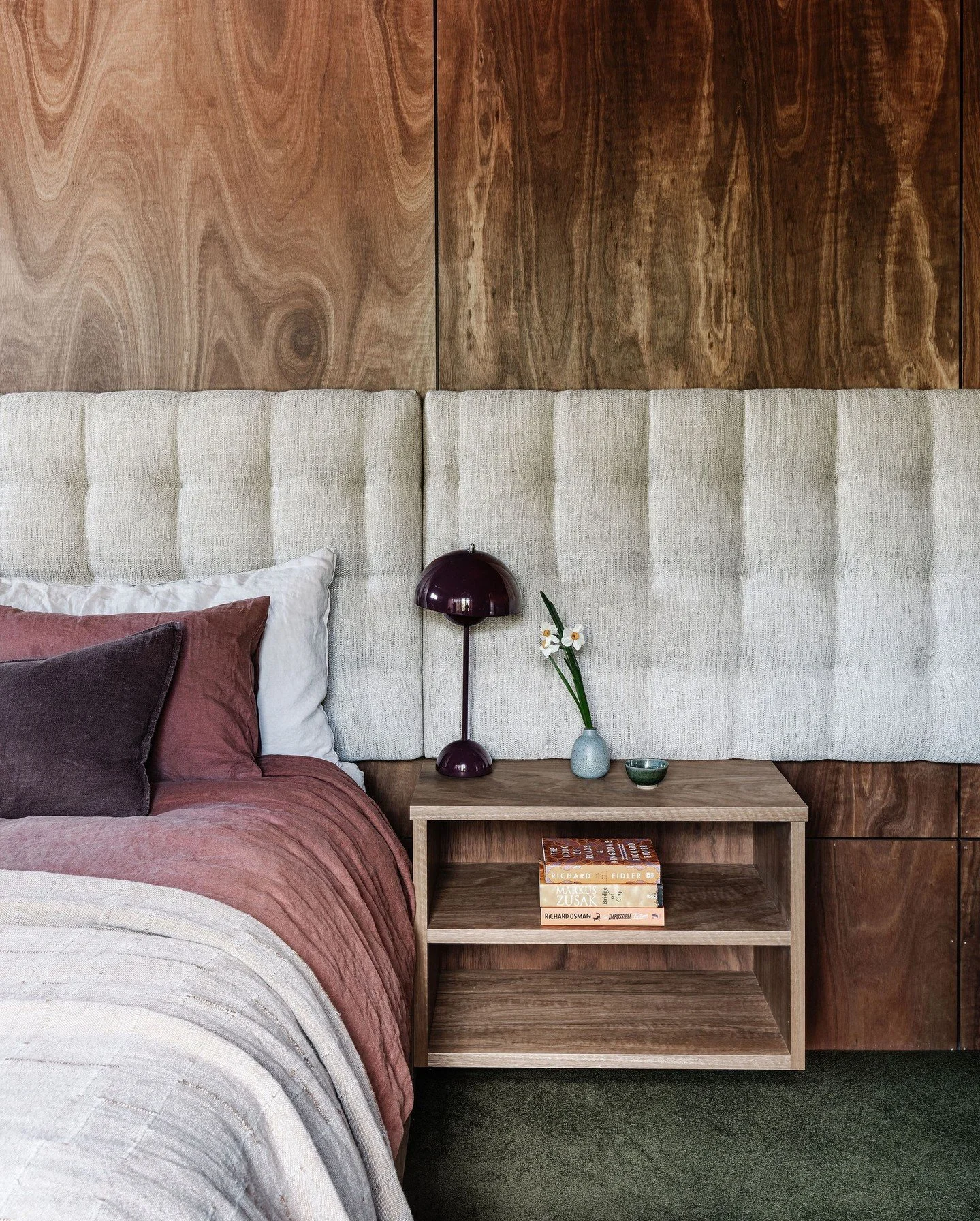 This custom headboard is too wide for instagram... at 4.6metres, across three panels, she's a stunner. Softening the Spotted Gum veneer walls with their loud and proud veining, she quietly holds her own. Inspired by the English heritage of the owner,