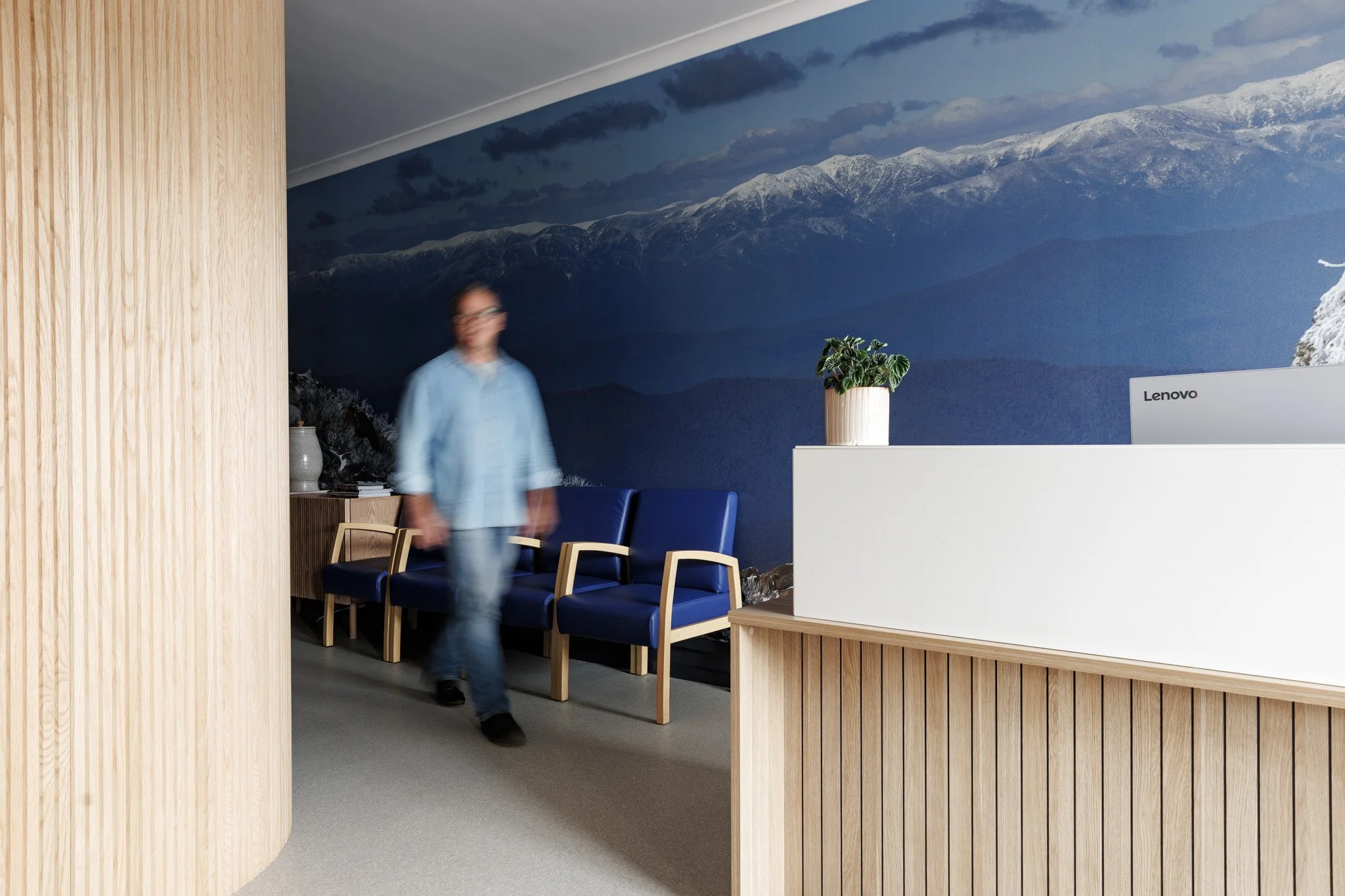 The floor to ceiling photographic mural of the Victorian Alps is a defining feature of the practice.