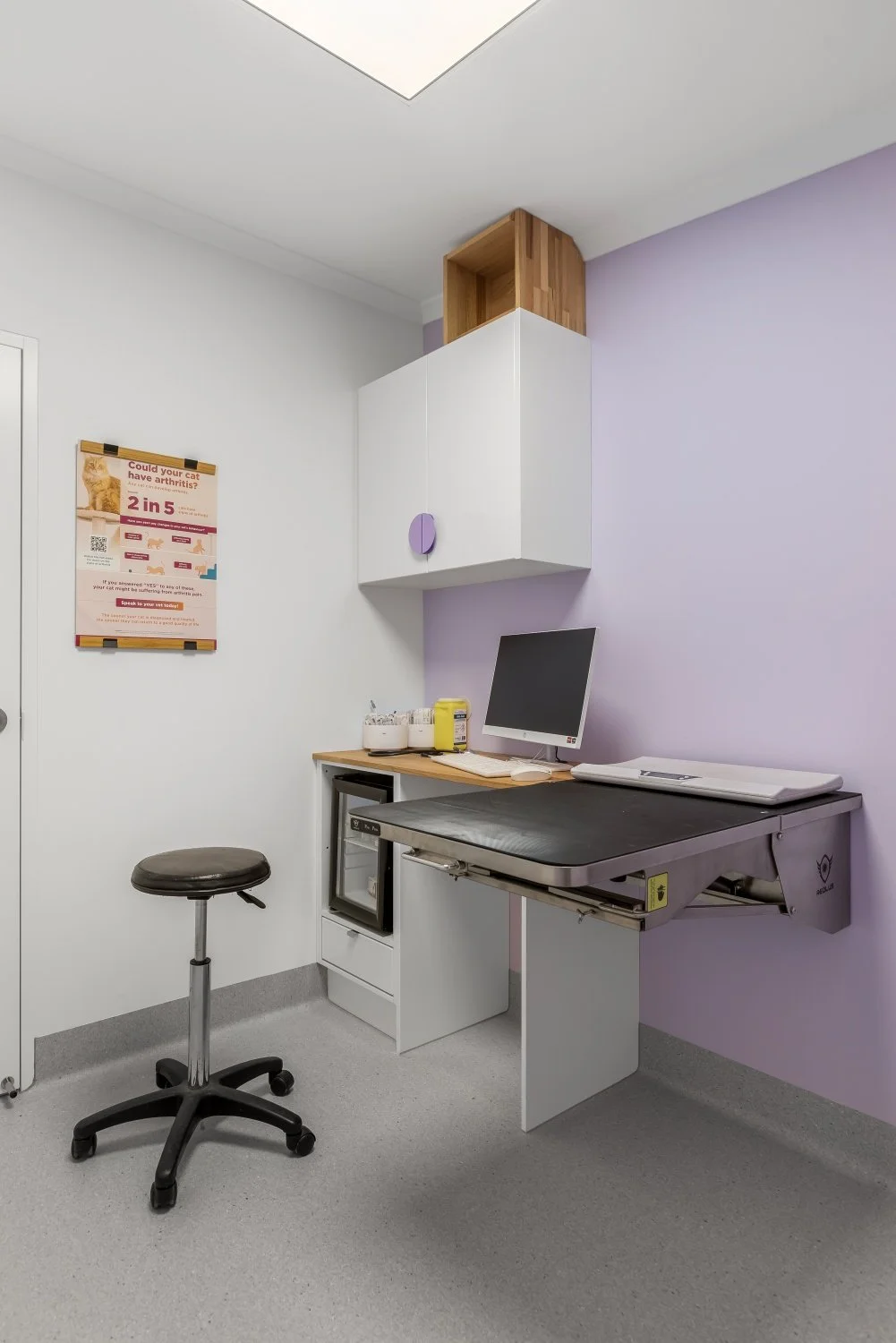 Veterinary consultation room with custom cabinetry, examination table and lavender finishes