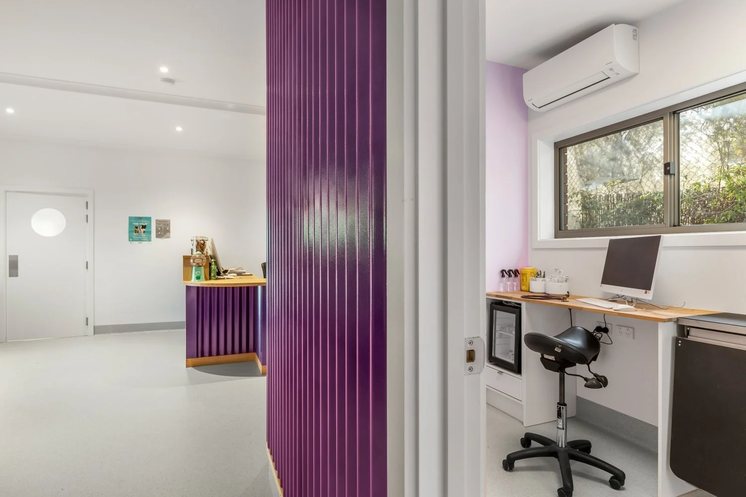 Reception desk, feature purple corrugated iron wall and consulting room of a veterinary practice