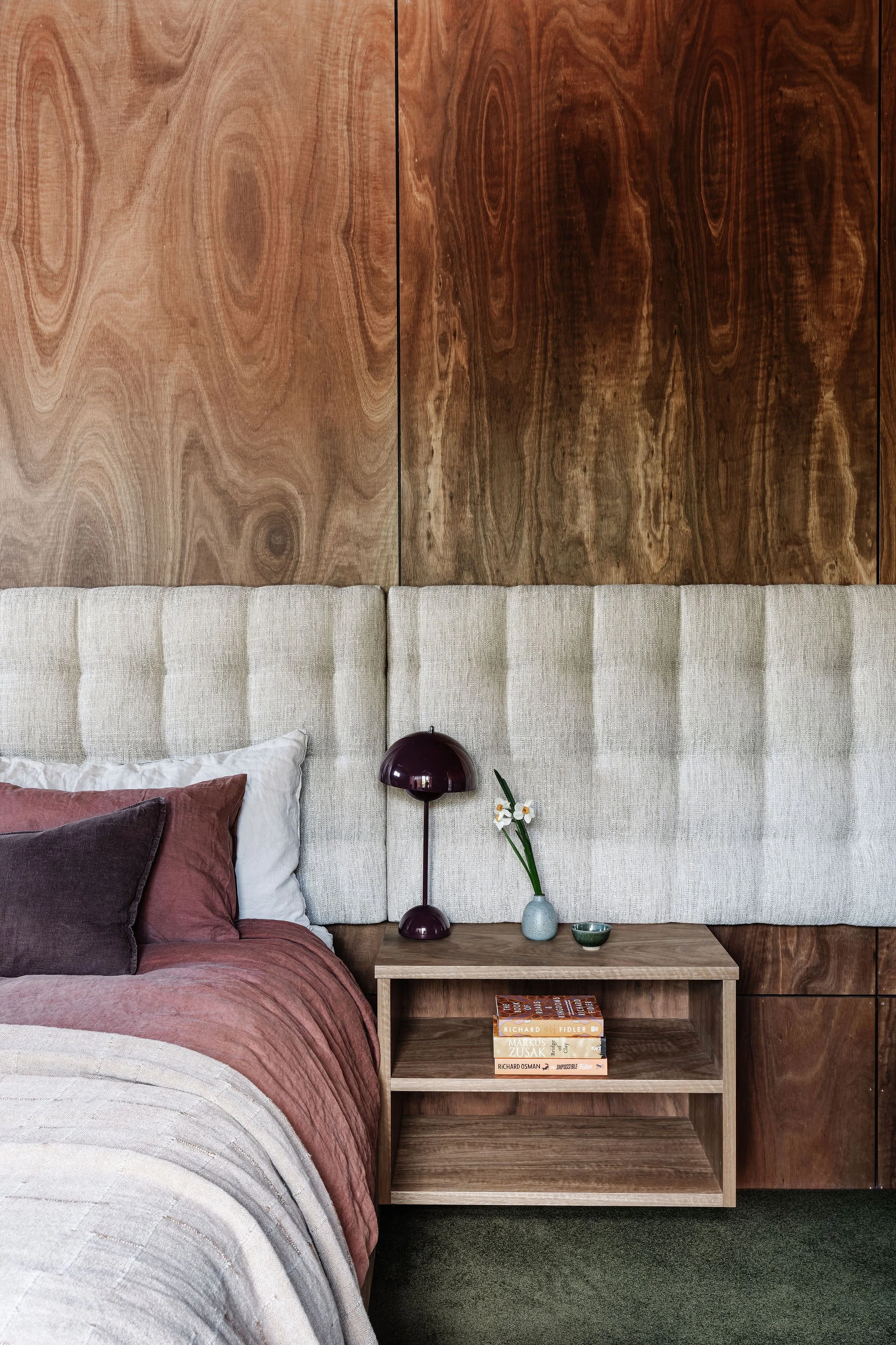Integrated bedside tables and headbaord. Main Bedroom. Designed by Britt White Studio. Gubi Multi-Light feature