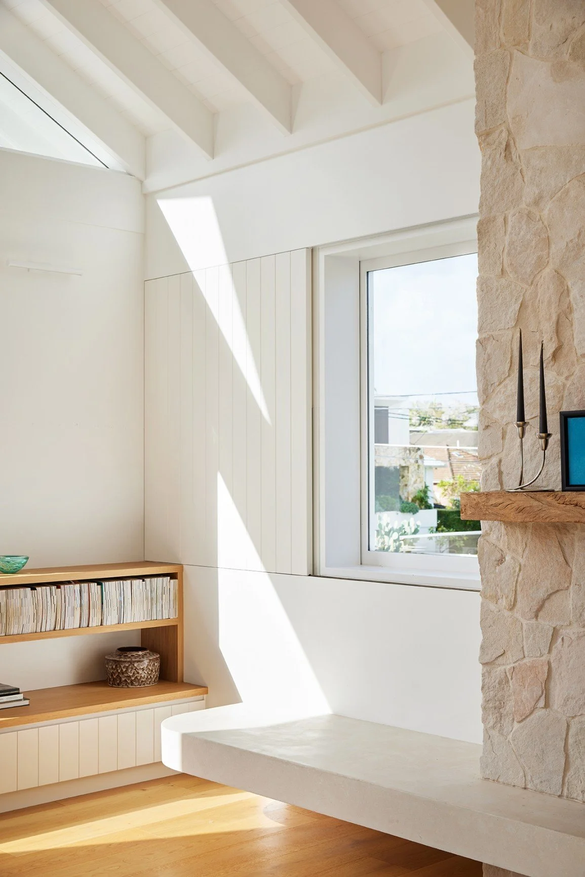 Fireplace, vaulted ceiling and library nook at High High