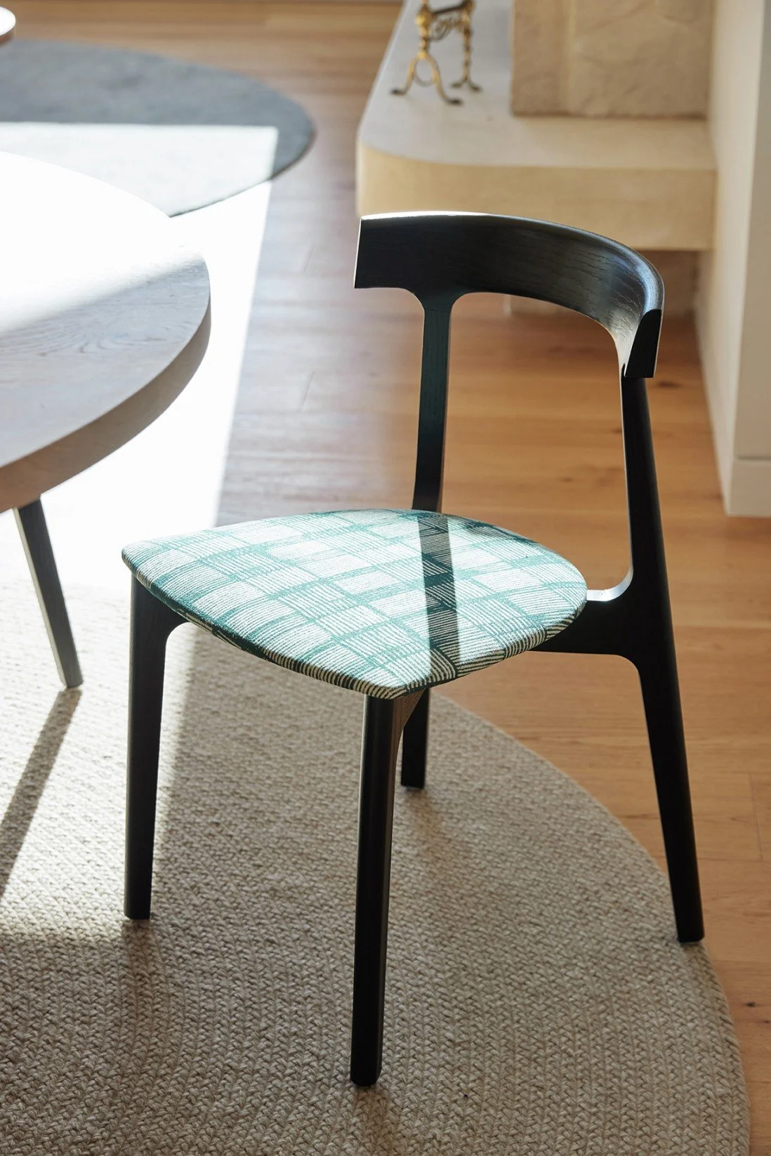 Apparent dinning chairs with Willie Weston fabric, custom designed by Britt White Studio for High Tide Freshwater