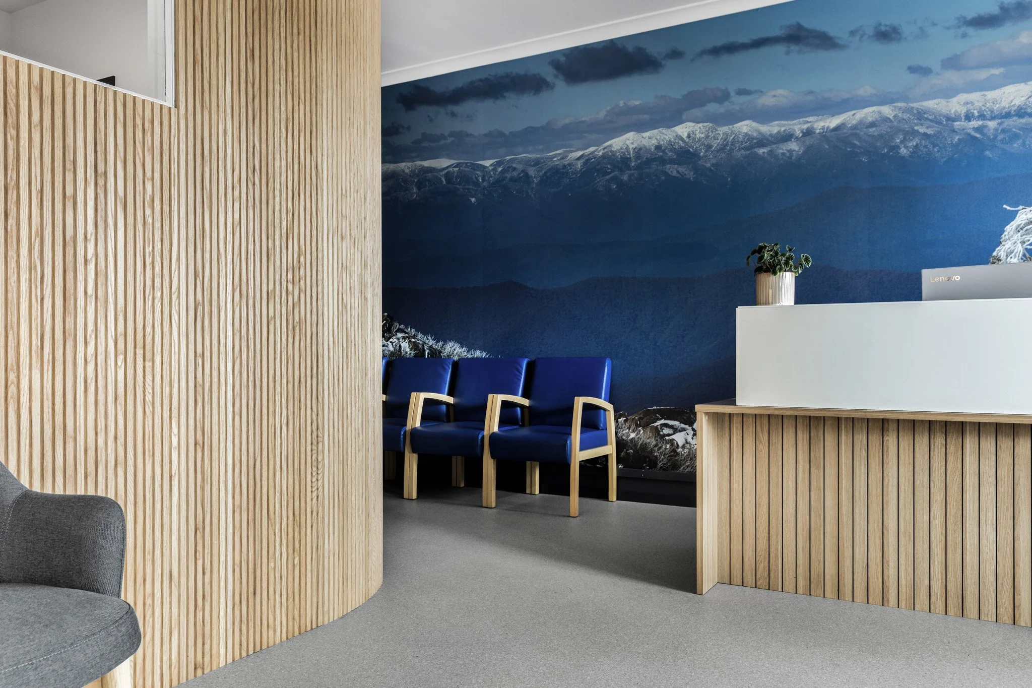 Curved timber detailing continues into the hallway, while an elevated letterbox window allows light into the first consult room while maintaining privacy.