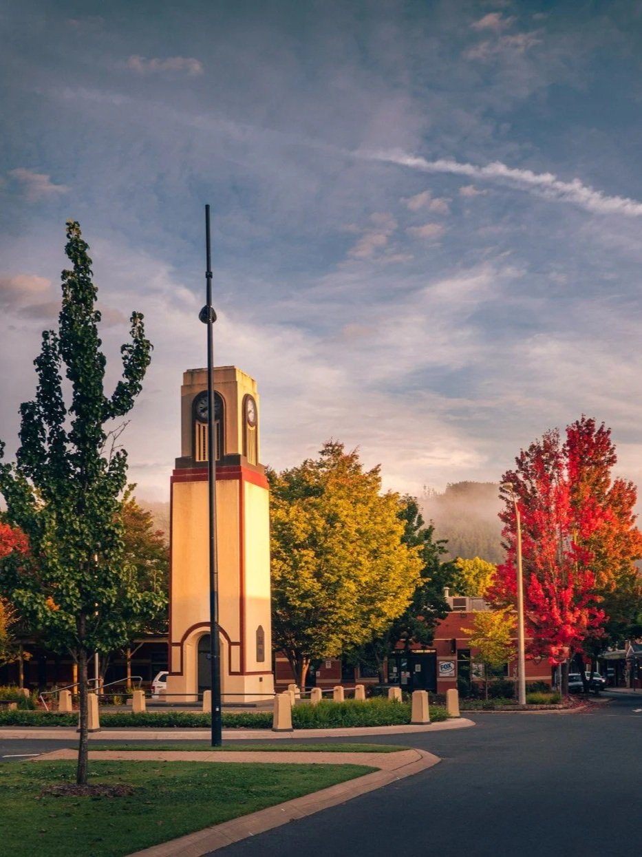 Anzac Memorial and clocktower in the centre of Bright, Victoria