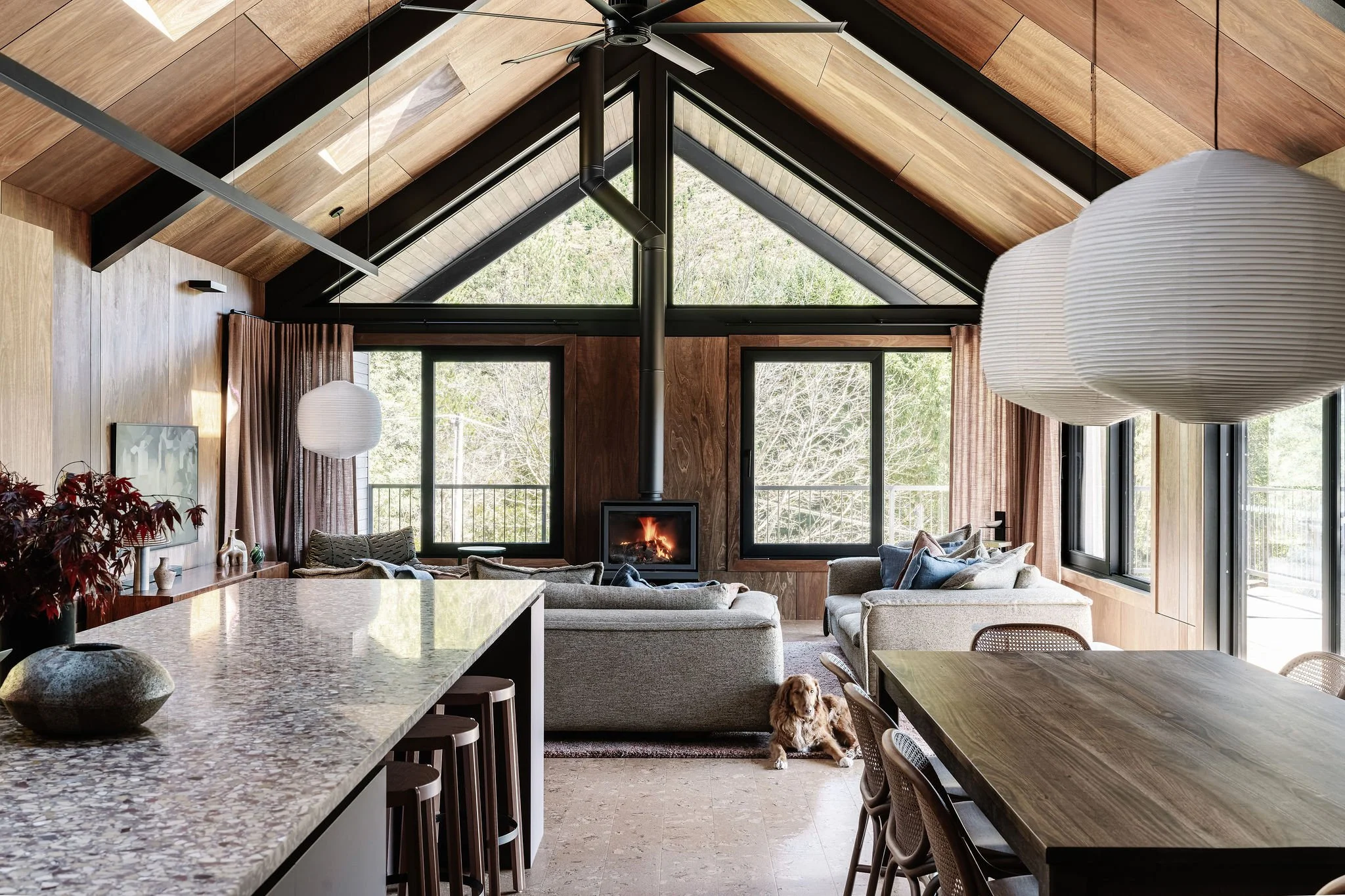 Wrapped in Spotted Gum wall lining and modern cork flooring, with views of the surrounding mountains beyond