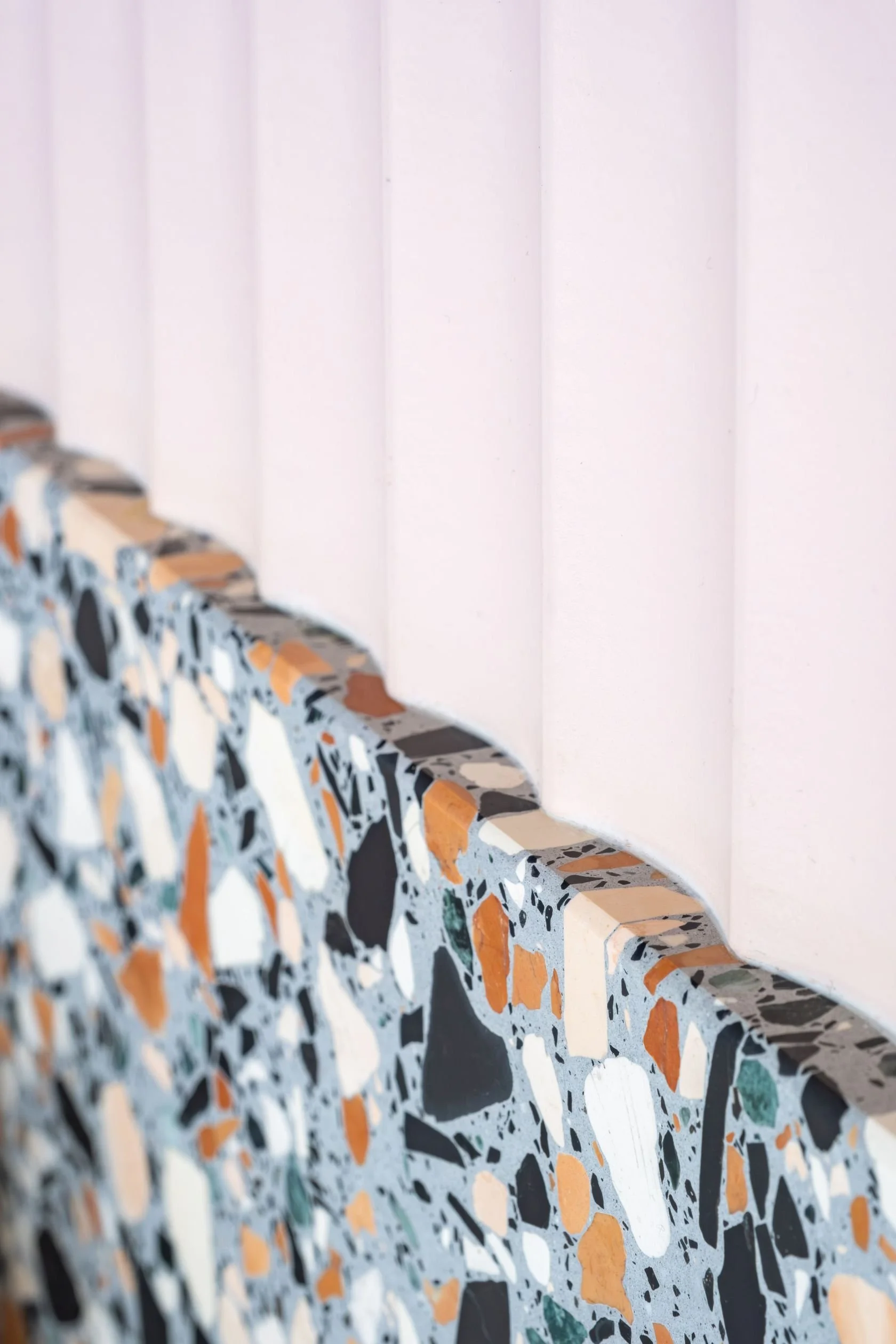 Terrazzo: Fibonacci Assemblage 
Wall lining: Laminex Scallop 45, painted Dulux Mornington 