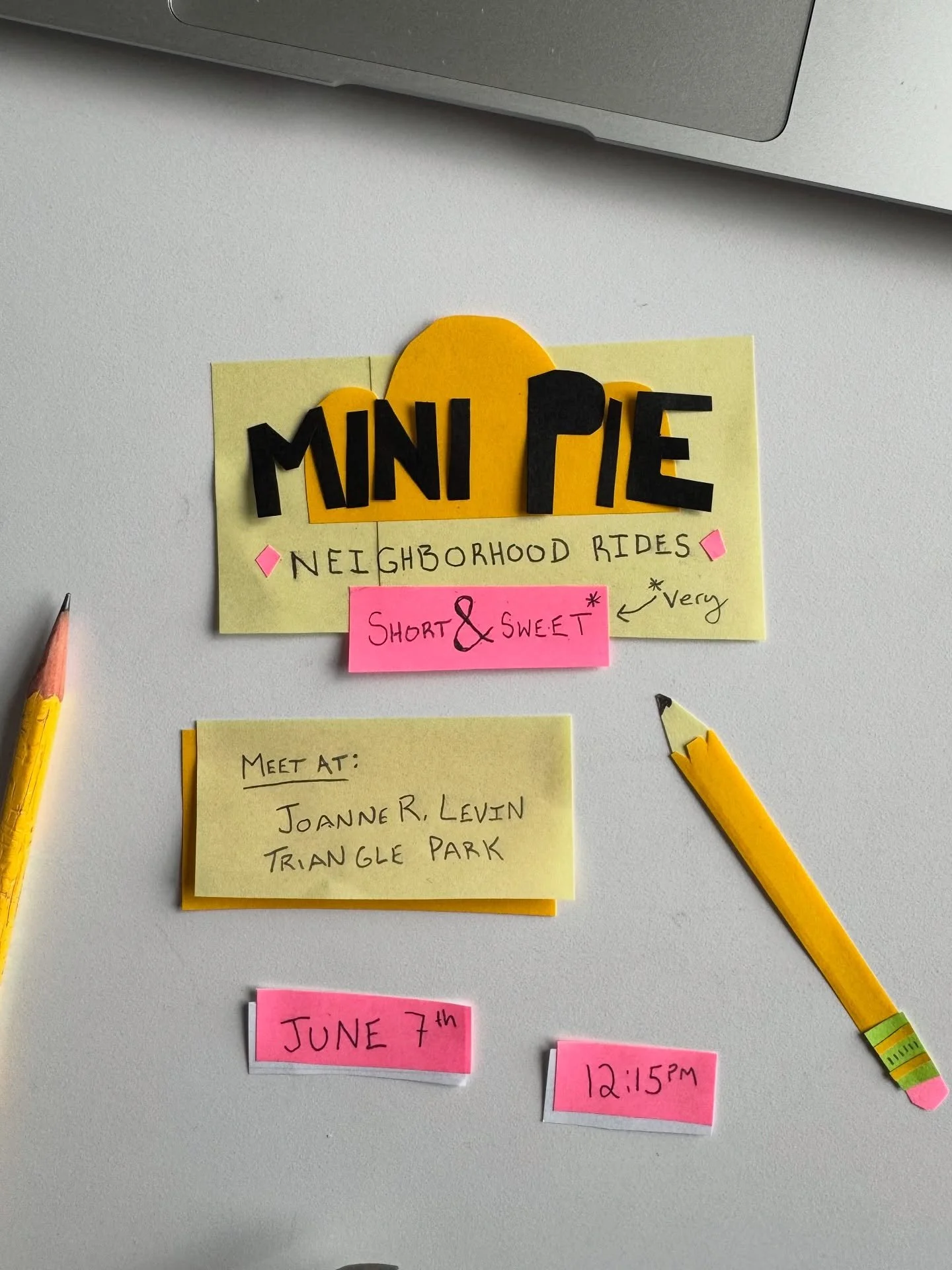 📣 Mini Pie R&iacute;de Announcement: Post-it &amp; Pencil Edition ✏️

It&rsquo;s the first Mini Pie Ride of the year, and we&rsquo;re going to the @lotipencil sharpening celebration!🎉 

Meet at Joanne Levin Park (triangle east of Isles) at 12:15PM 