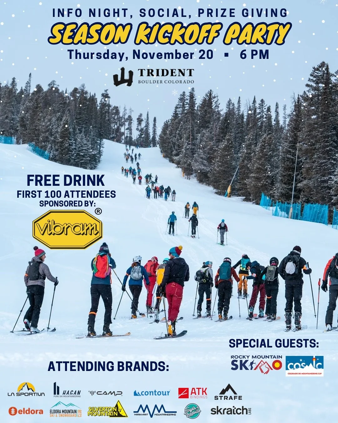 This Thursday at the legendary @tridentboulder!

Thank you @vibram for sponsoring FREE DRINKS for the first 100 members who RSVP. Give us a heads up to confirm you&rsquo;re coming &mdash; LINK IN BIO!

&diams;️YOUTH SKIMO INFO SESSION: 5pm
&diams;️MA