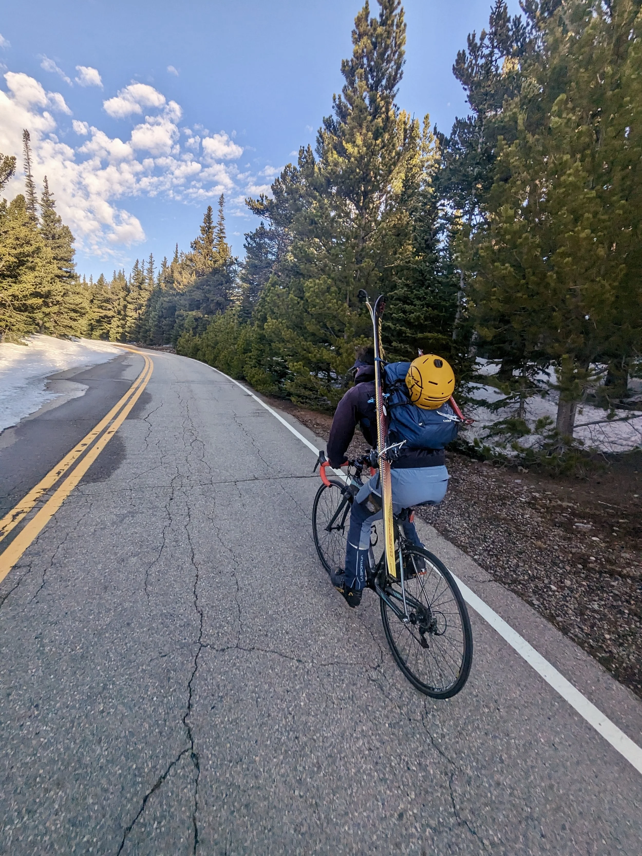  After skinning in the day prior on a 50% melted approach, we decided to take bikes this time. Probably the first day of the season.  