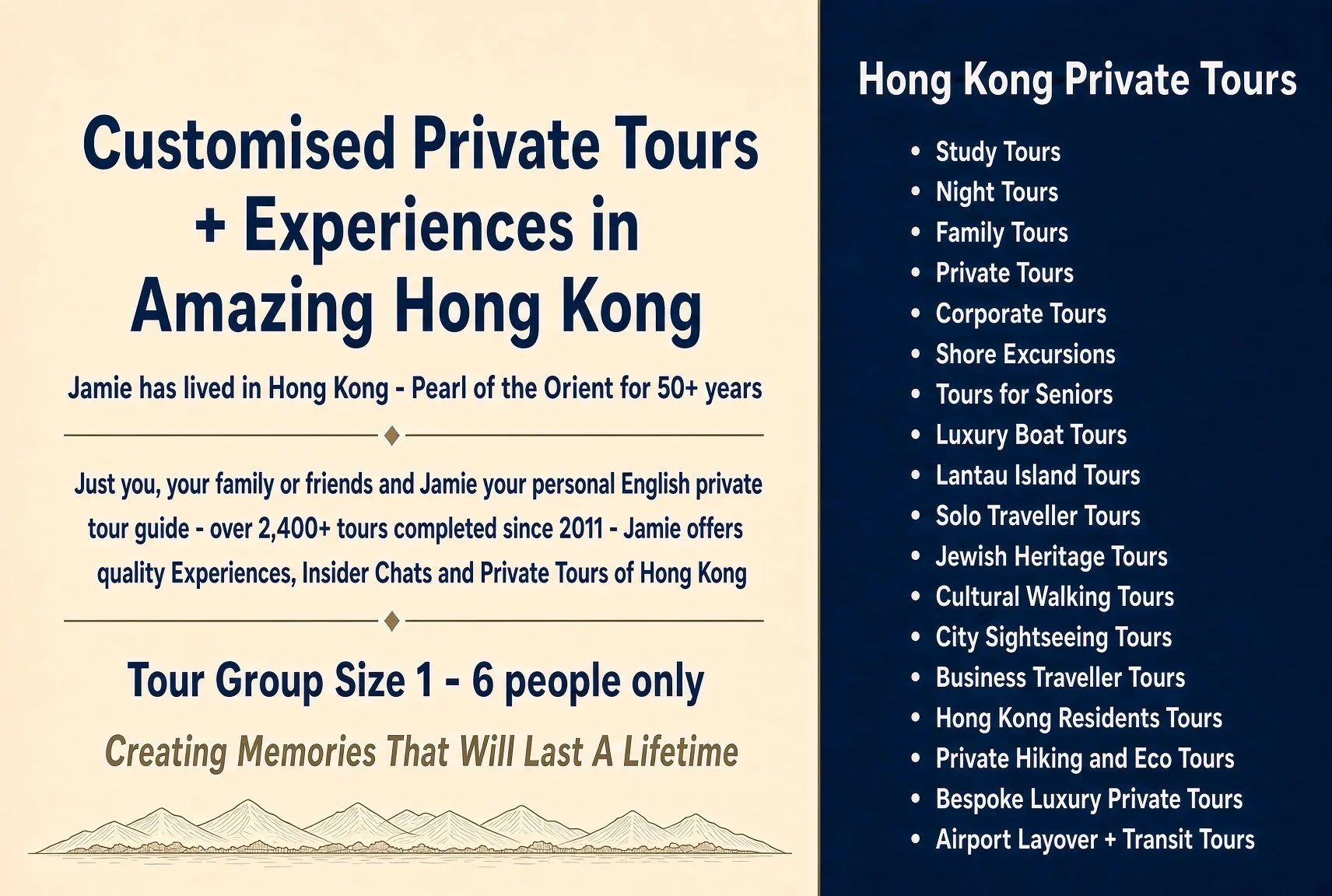 Customised Private Tours and Experiences in Hong Kong by Jamie. Full range of private tours including family, senior, corporate, Lantau Island, Jewish heritage, hiking, luxury boat, layover and transit tours. Groups of 1 to 6.