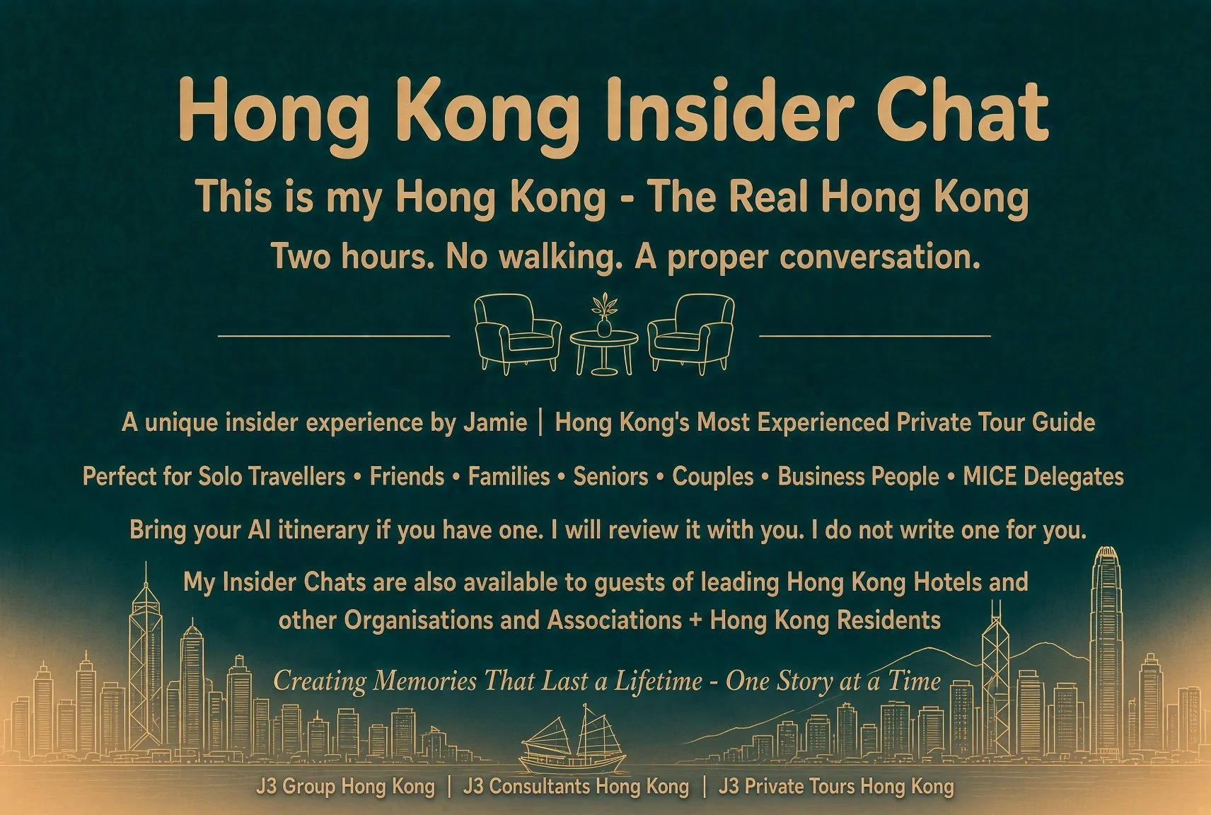 Hong Kong Insider Chat with Jamie. Two hours, no walking, a proper conversation. Bring your AI itinerary if you have one. I review it with you but do not write one for you. Travellers, hotel guests, organisations and residents.