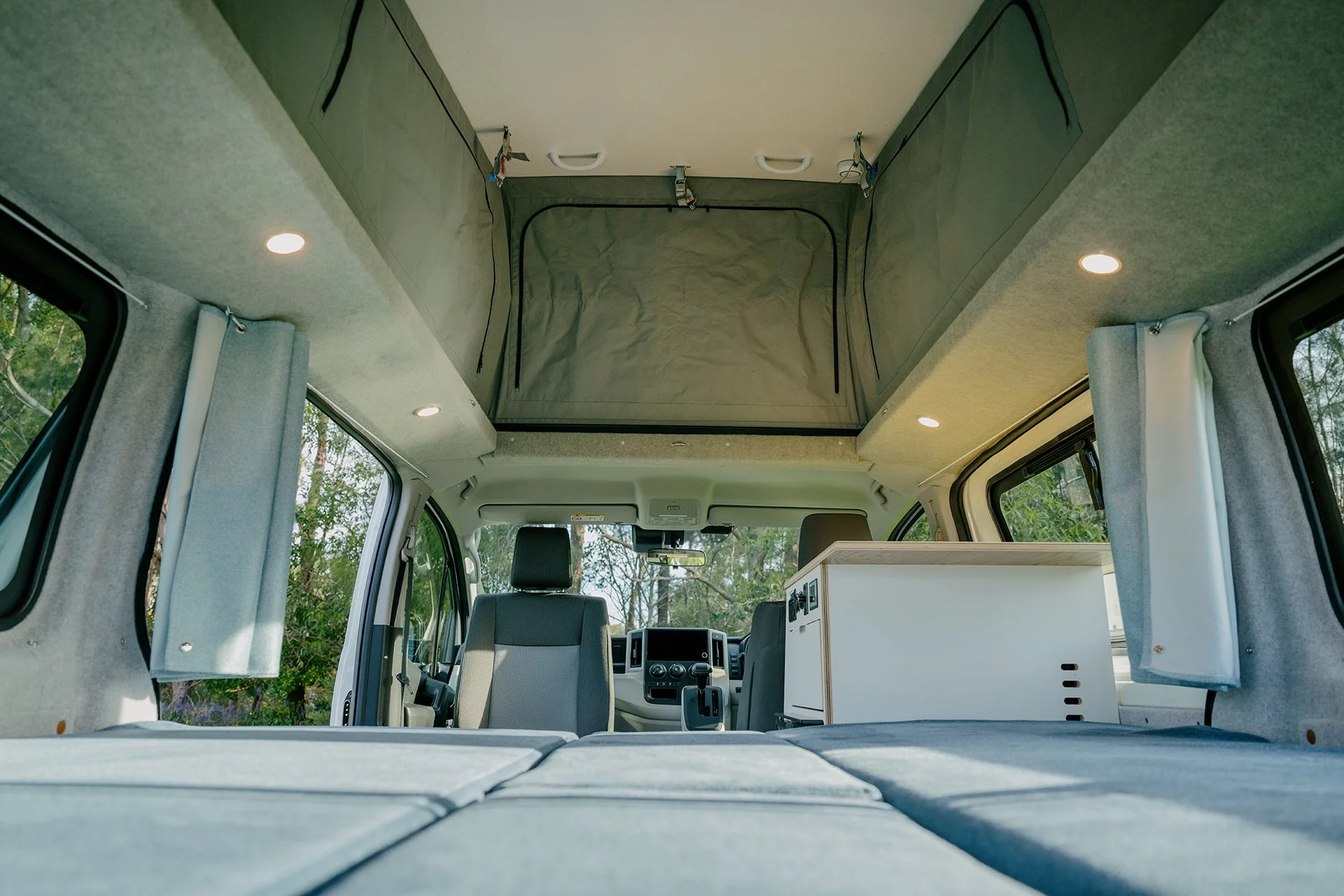 Toyota Hiace pop-top camper conversion with downlights in roof