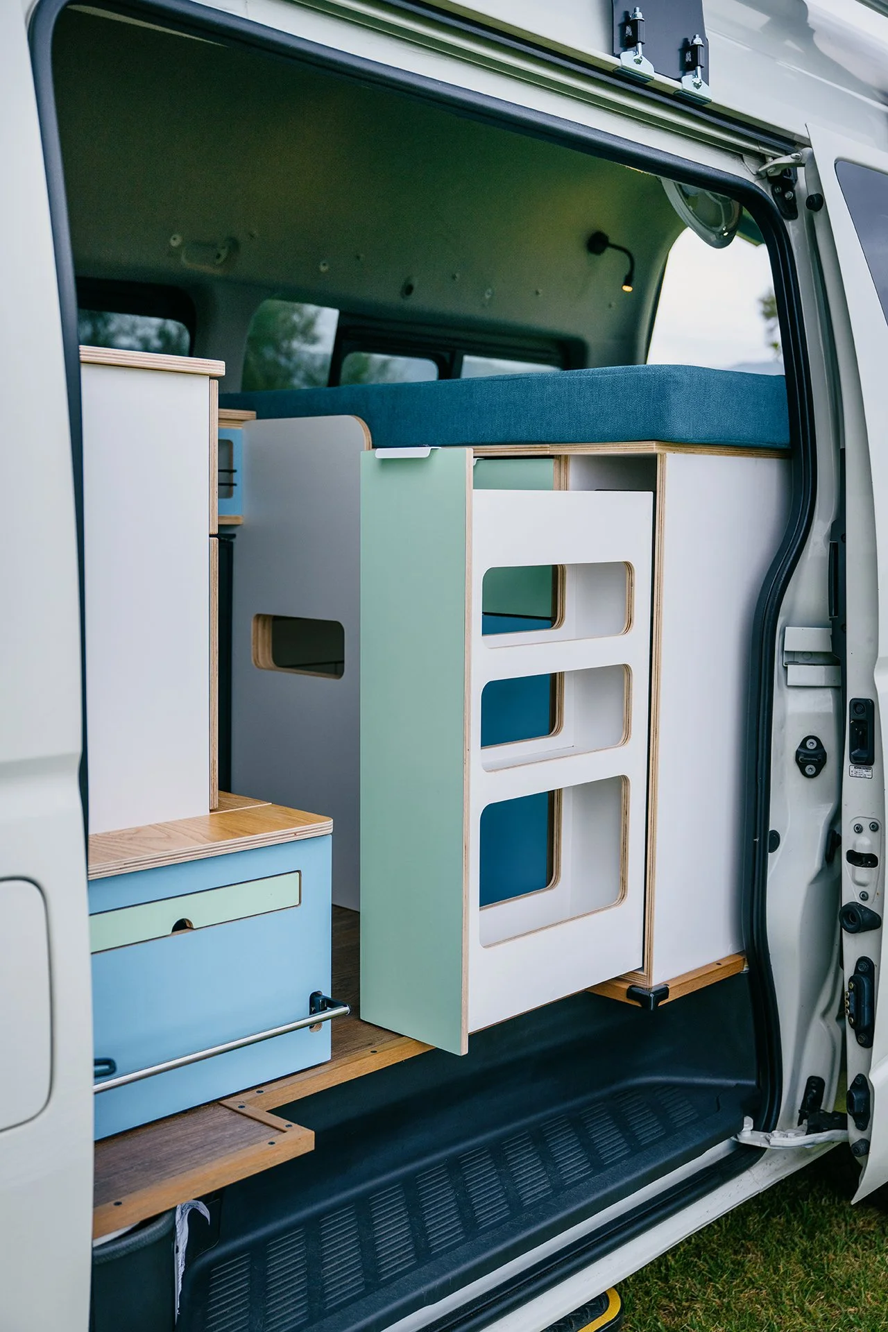slide-out pantry in Campervan kitchen 