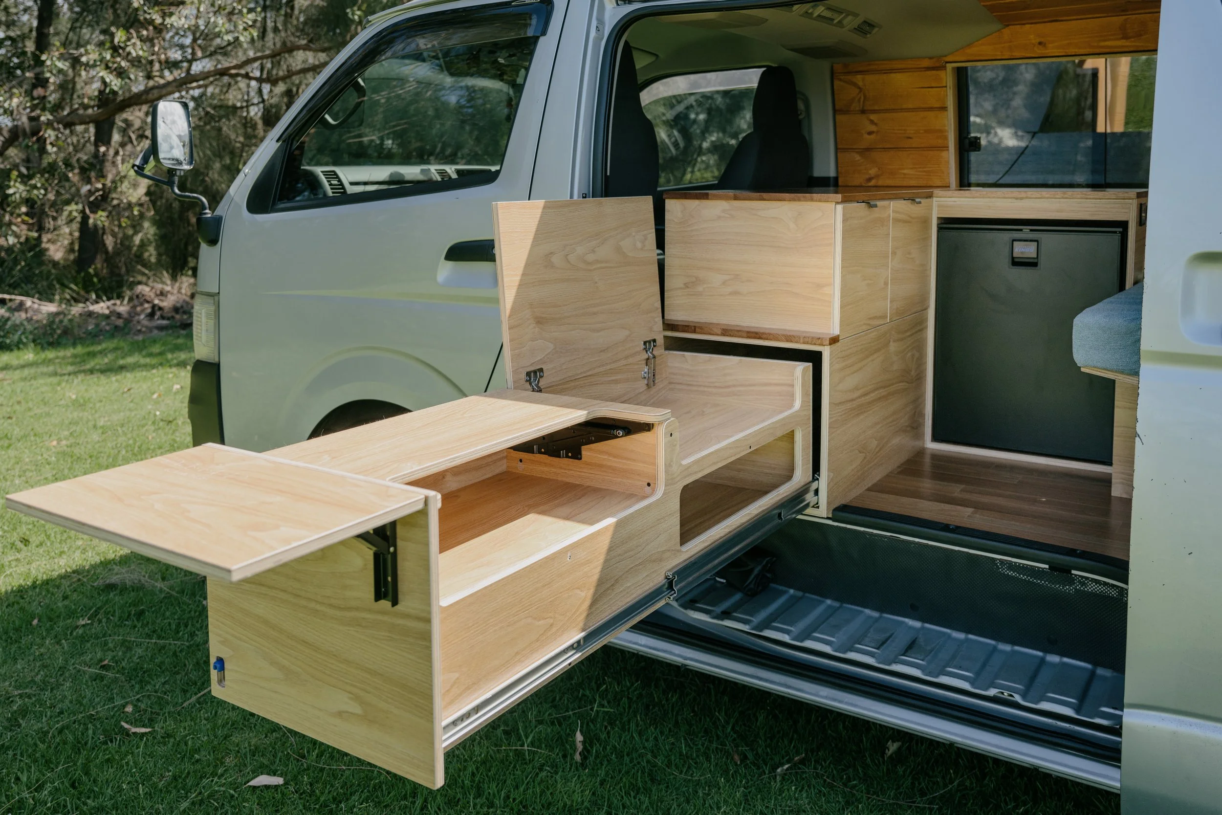slide out kitchen for campervan conversions in toyota hiace