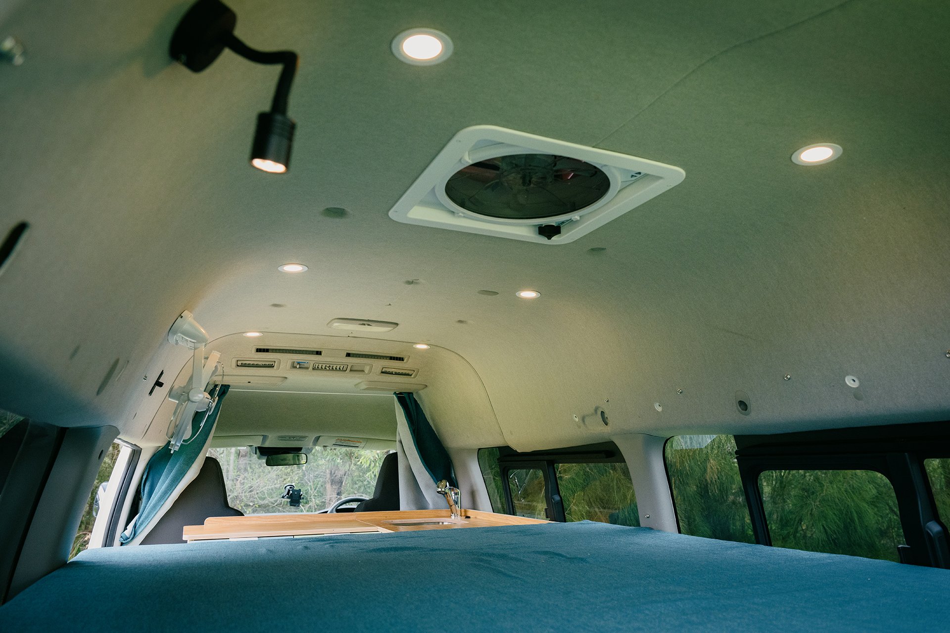 downlights and wall lights on roof of Toyota Hiace Campervan conversion 