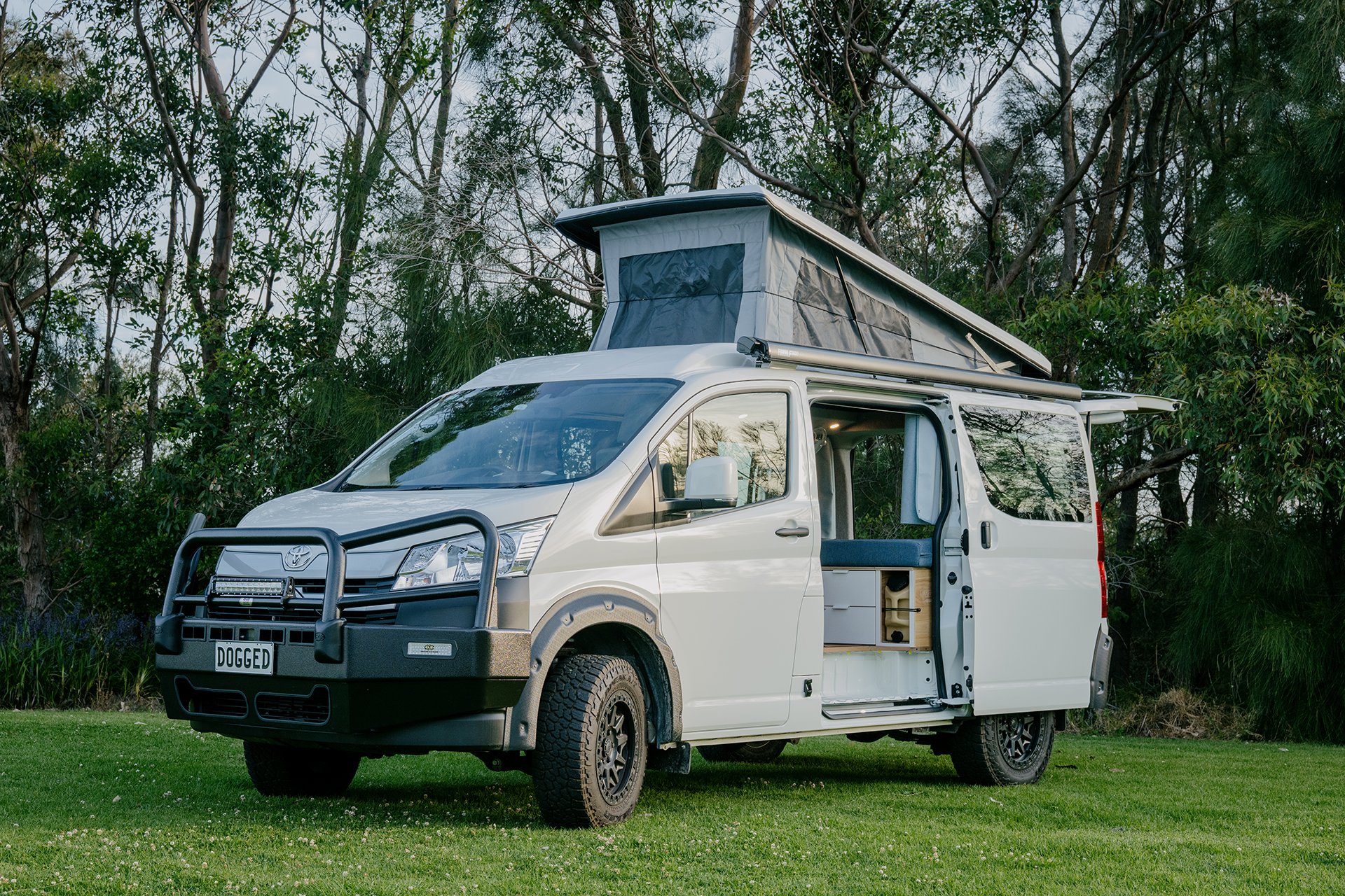 Toyota Hiace pop-top camper conversion with electrical system