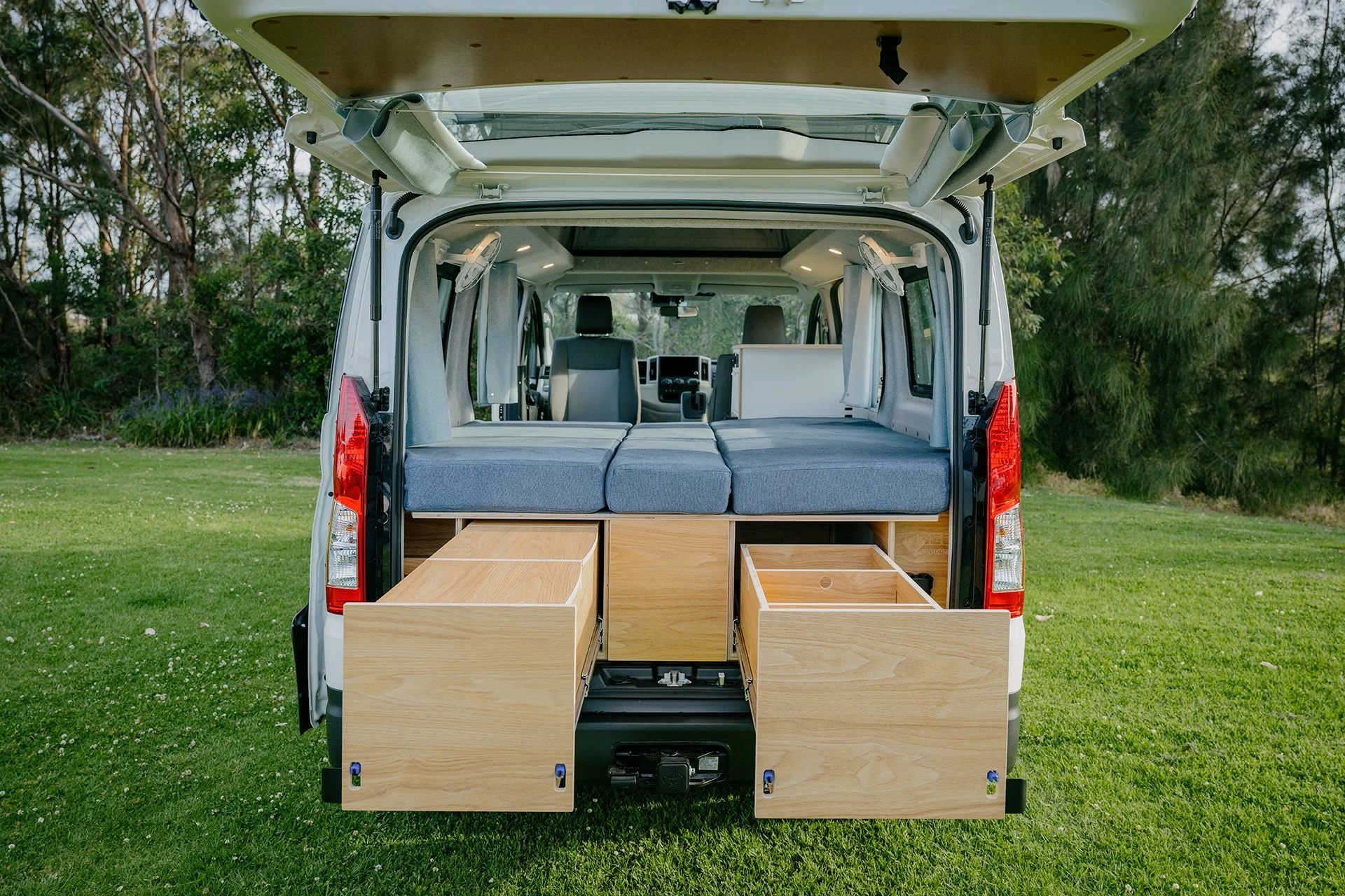 drawers in back of toyota hiace pop-top campervan conversion 