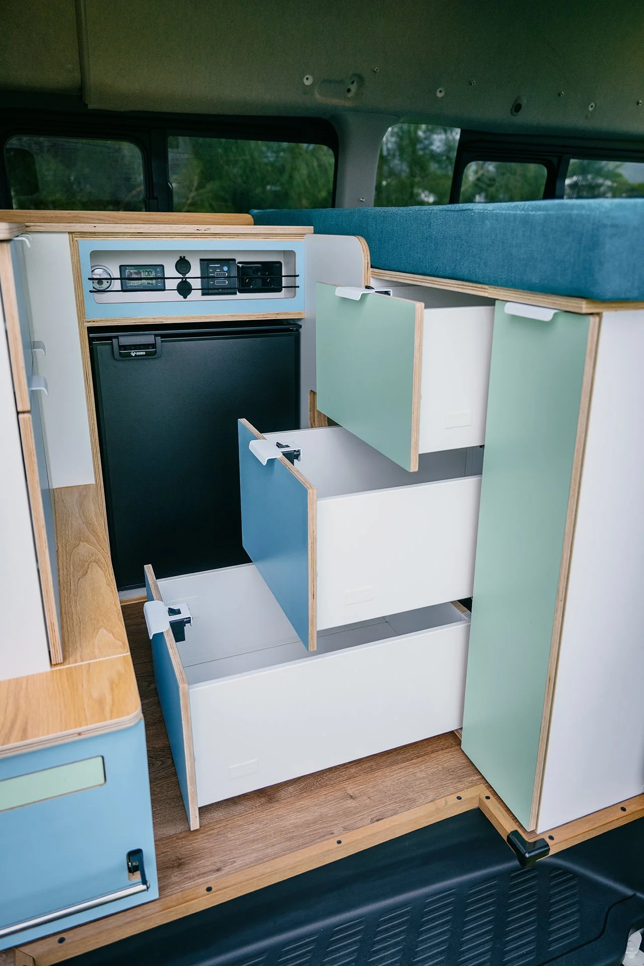 colourful drawers in Campervan conversion of Toyota Hiace with electrical system 