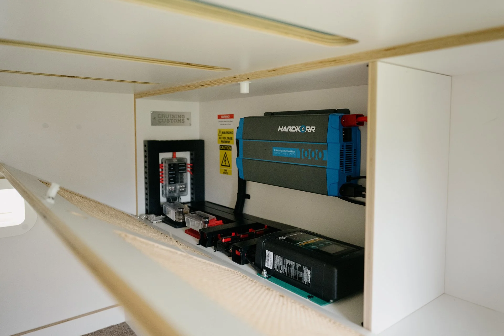 electrical section in Toyota Hiace Campervan conversion with inverter and DC-DC charger