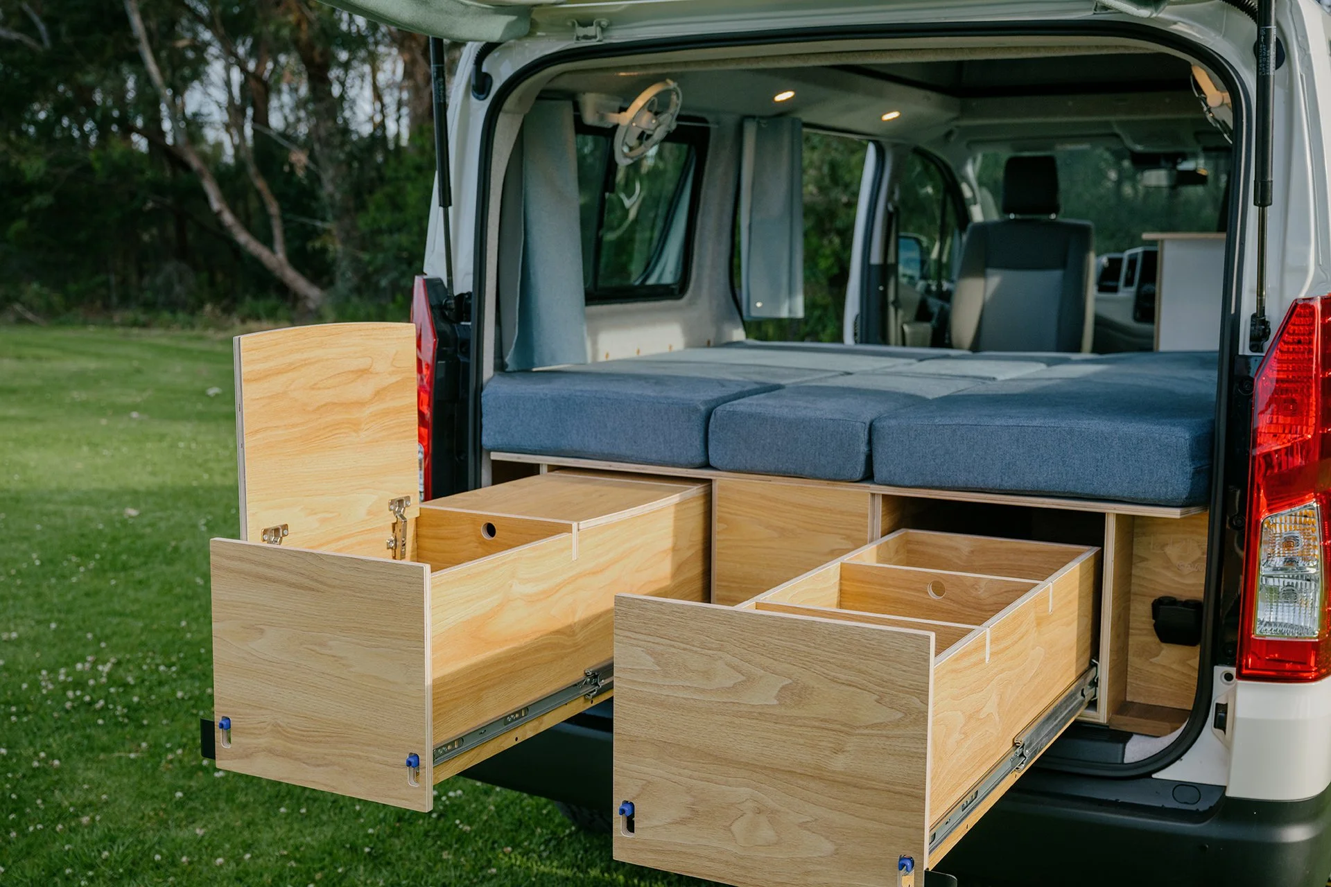 drawers in back of toyota hiace pop-top campervan conversion 