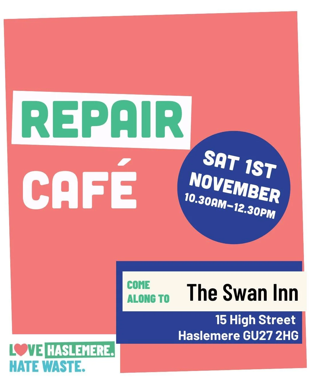 The next Repair Caf&eacute; date is:

🗓 Saturday, 1st November
🕰 10.30am-12.30pm
🍺The Swan Inn, Haslemere

Bring us your broken things and help our volunteers keep them out of landfill 💚

💚 Can&rsquo;t make it on the day?
Contact us and we will 