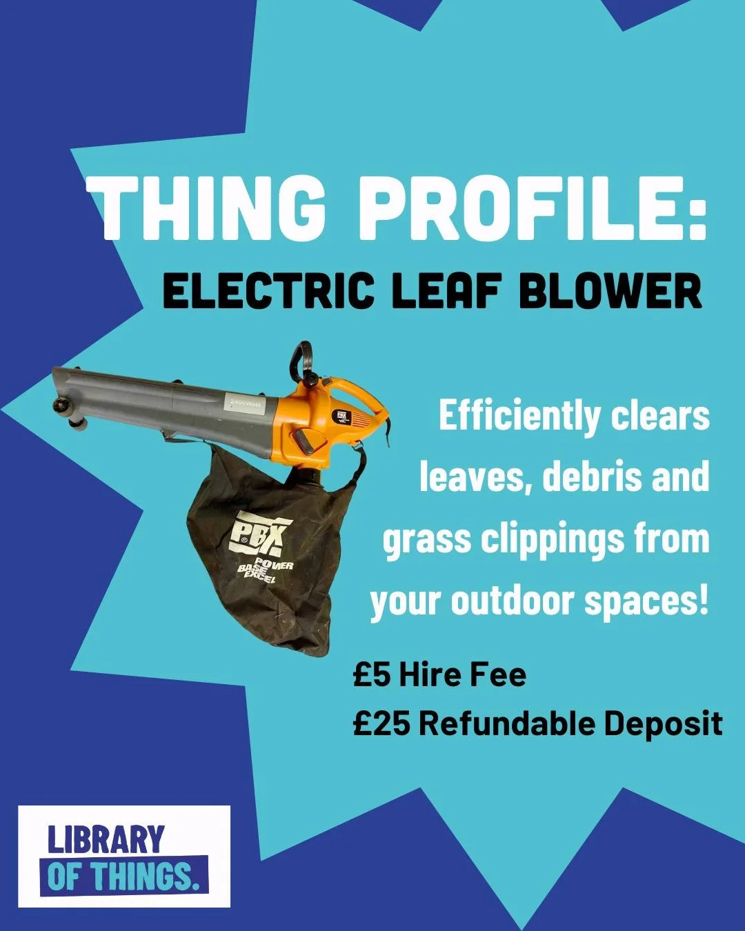 Did you know you can hire an Electric Leaf Blower for £5?
💚  Efficiently clears leaves, debris, and grass clippings from driveways, lawns, and patios.
💚 No smelly petrol!
When you book you will be asked to pay a £5 hire fee and a &pou