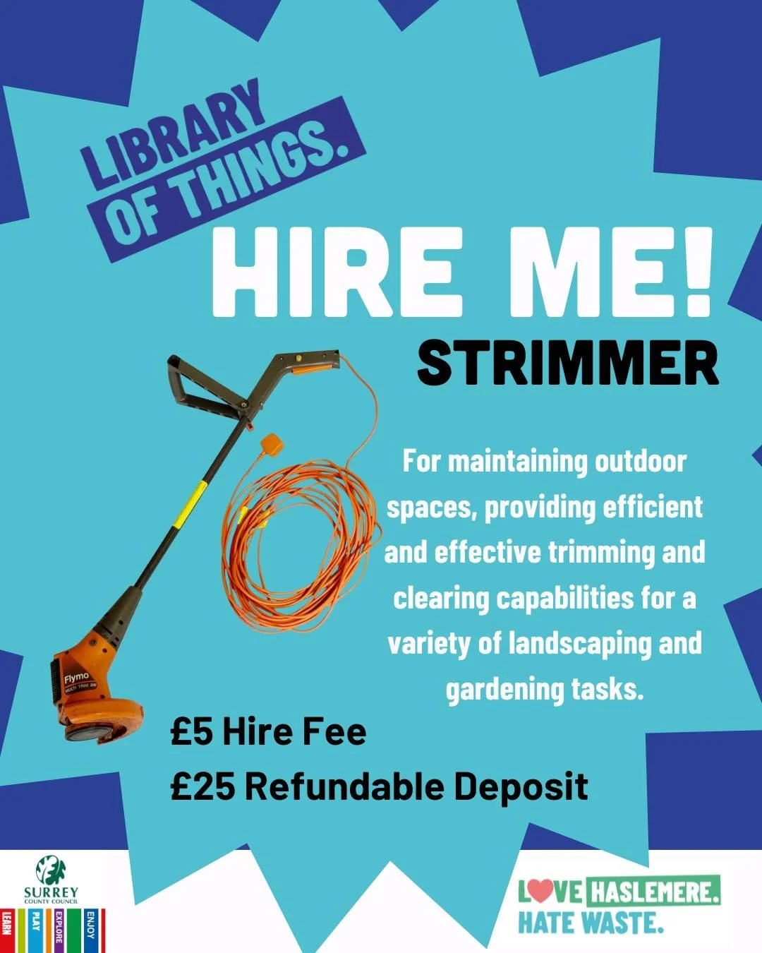 Did you know you can hire a Strimmer for &pound;5?

💚 Perfect for trimming long grass, edges, and overgrown corners
💚 Lightweight, easy to use, and great for small to medium gardens
💚 Borrow it when you need it &mdash; no need to store bulky tools