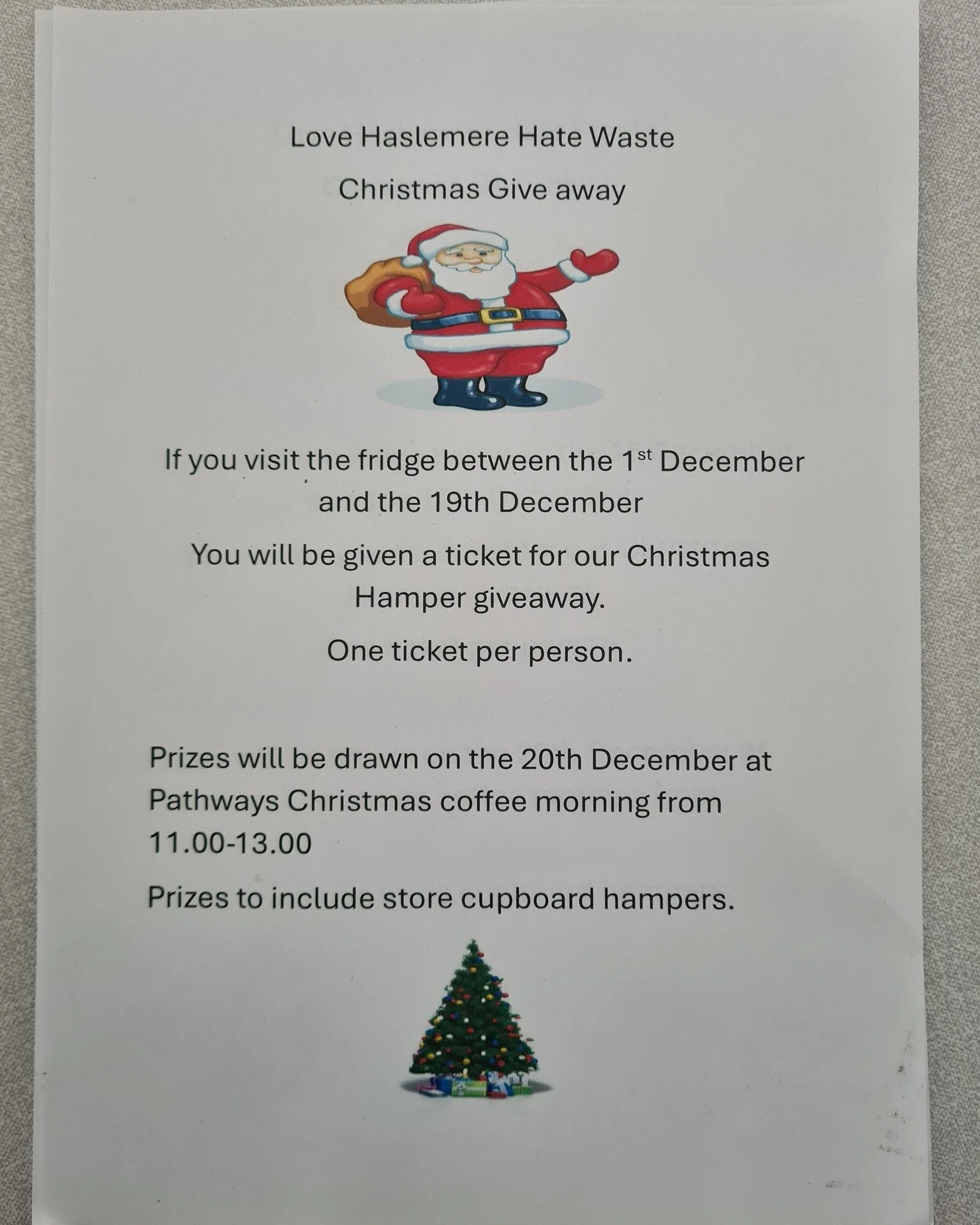 🎄✨ Christmas Giveaway Alert! ✨🎄

Visit the fridge between Dec 1&ndash;19 to grab your free ticket for our festive hamper draw! 🎟️

🎁 Prize Draw:
📅 Dec 20 | 🕚 11AM&ndash;1PM
📍 Pathways Christmas Coffee Morning

Hampers full of store cupboard go
