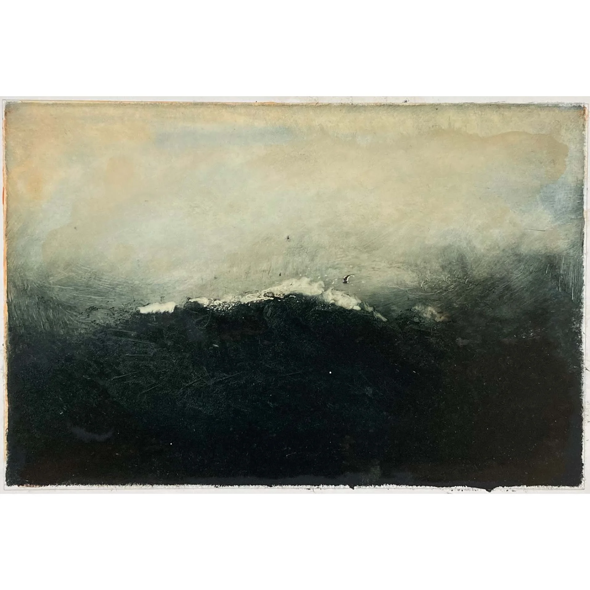 painting. brooding dark ocean partially obscures and ochre sky