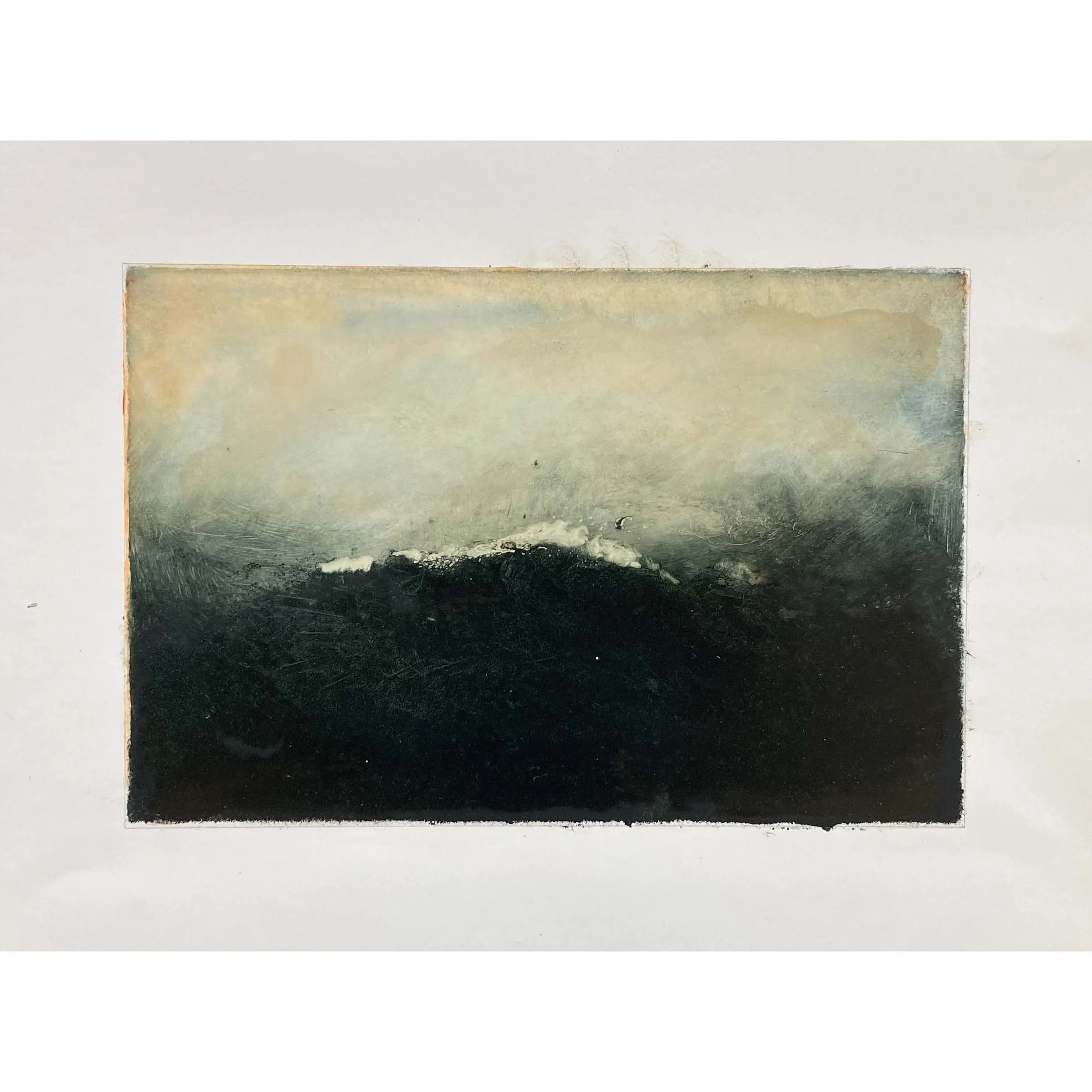 painting of ocean wave against yellow sky