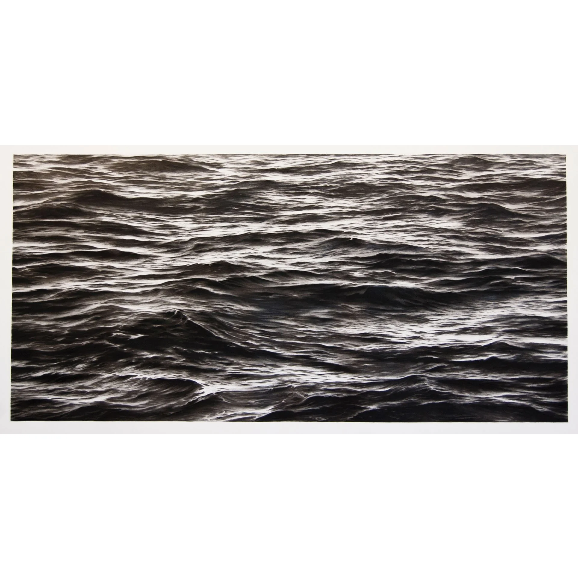 silkscreen print. inky black ocean with with glittering light reflecting fills frame