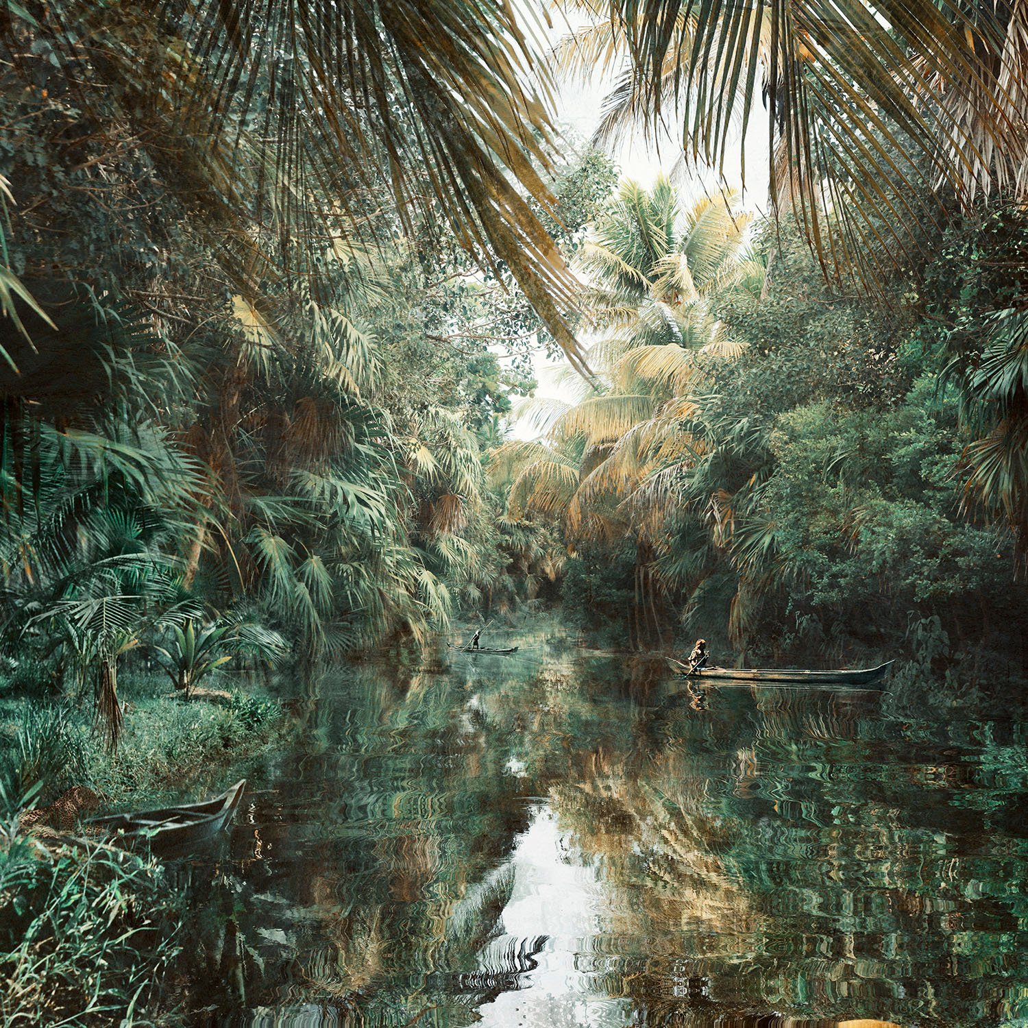 artists print of men in boats. an indian watery landacape filled with greenery, water and reflections of sky