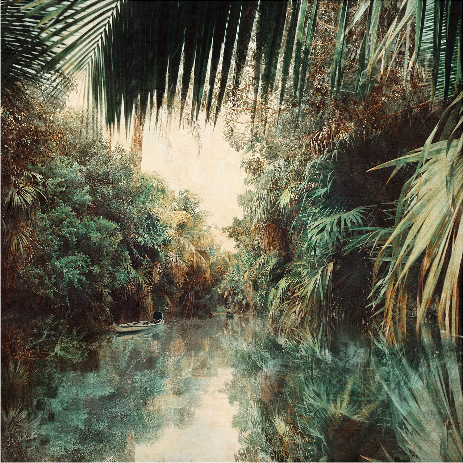 paint on giclee print. lush sri lankan landscape, palms overhanging water with man in boat emerging from distance