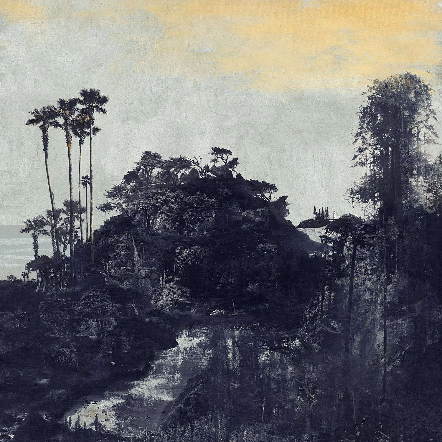 palm trees and dense woods on california coast with pacific ocean behind artists print