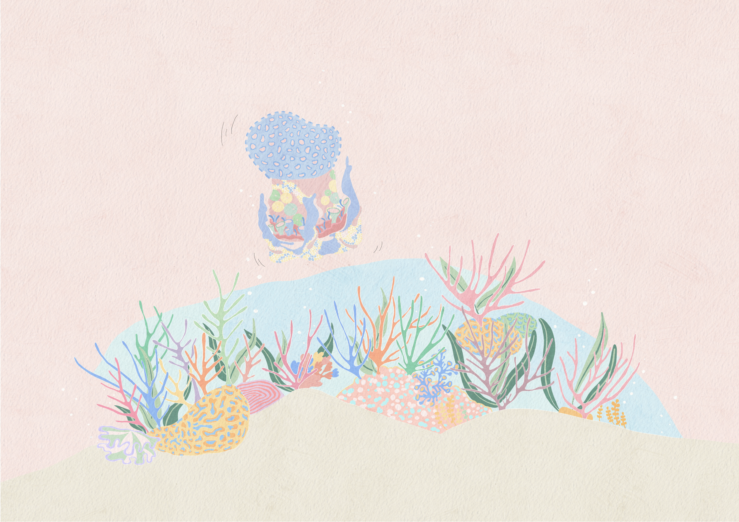 Out of nowhere, a shiny, medium sized object named ‘Phyllos’ drops into the sea, its various colours reflects into the water.