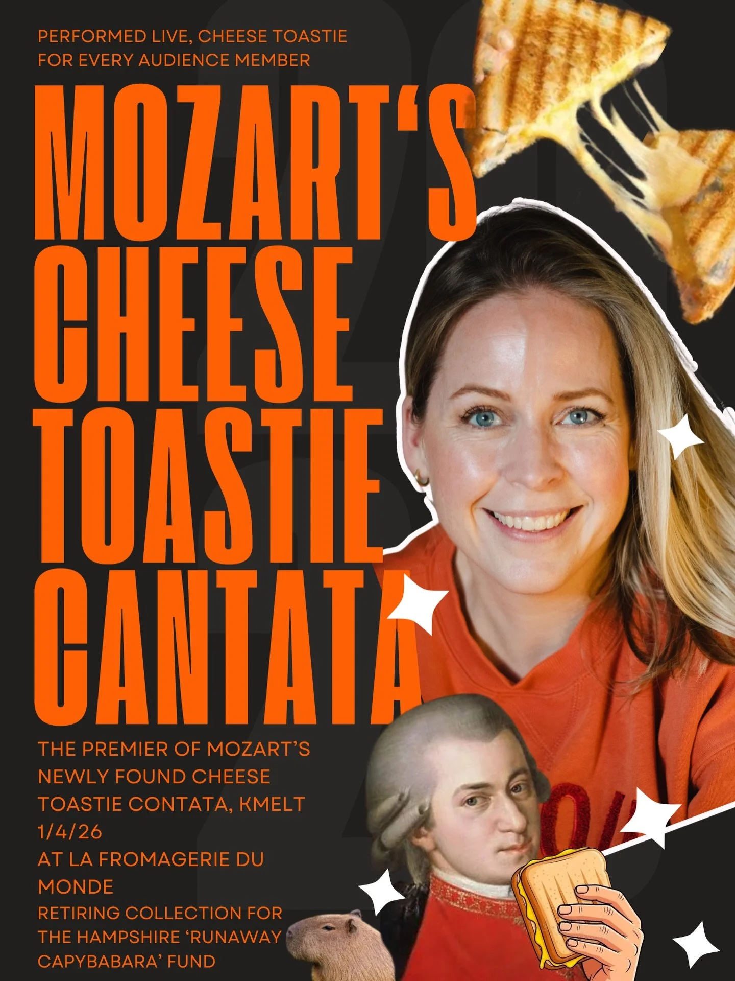 Can&rsquo;t wait to premier Mozart&rsquo;s lost cheese toasty cantata today!
Found rolled up in an old organ loft, with Mozart&rsquo;s own greasy cheese finger prints on the manuscript. We can only guess what cheese Mozart favoured in his cheese toas