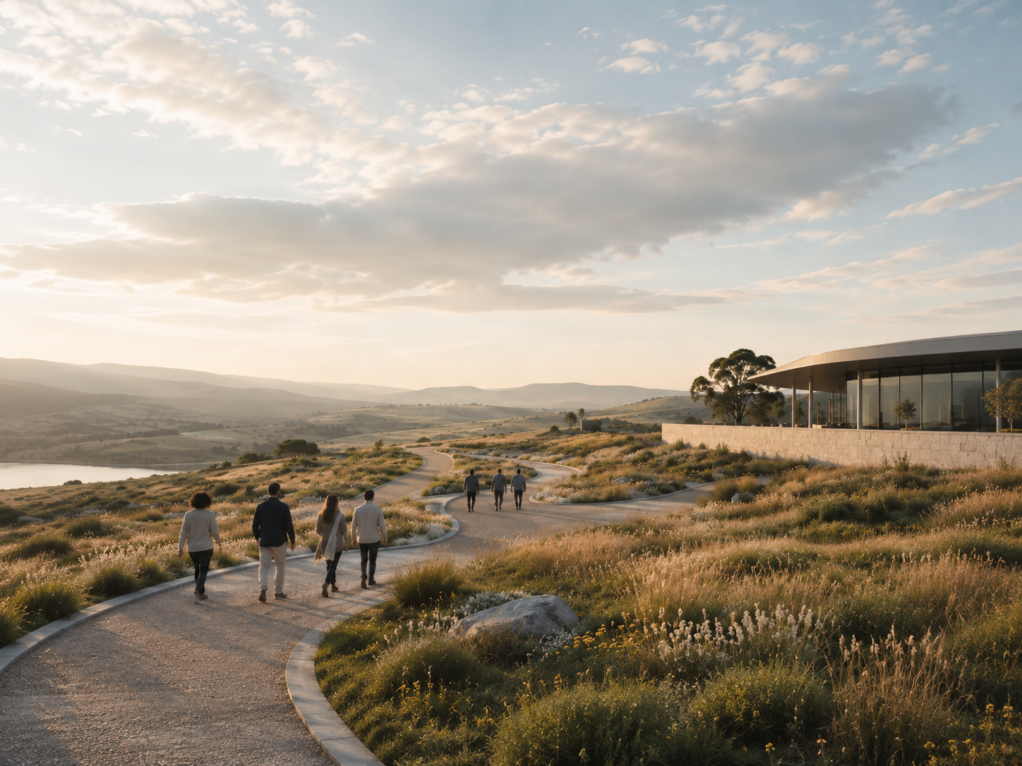 Team walking together through an open landscape, representing team coaching, shared direction and systemic development.