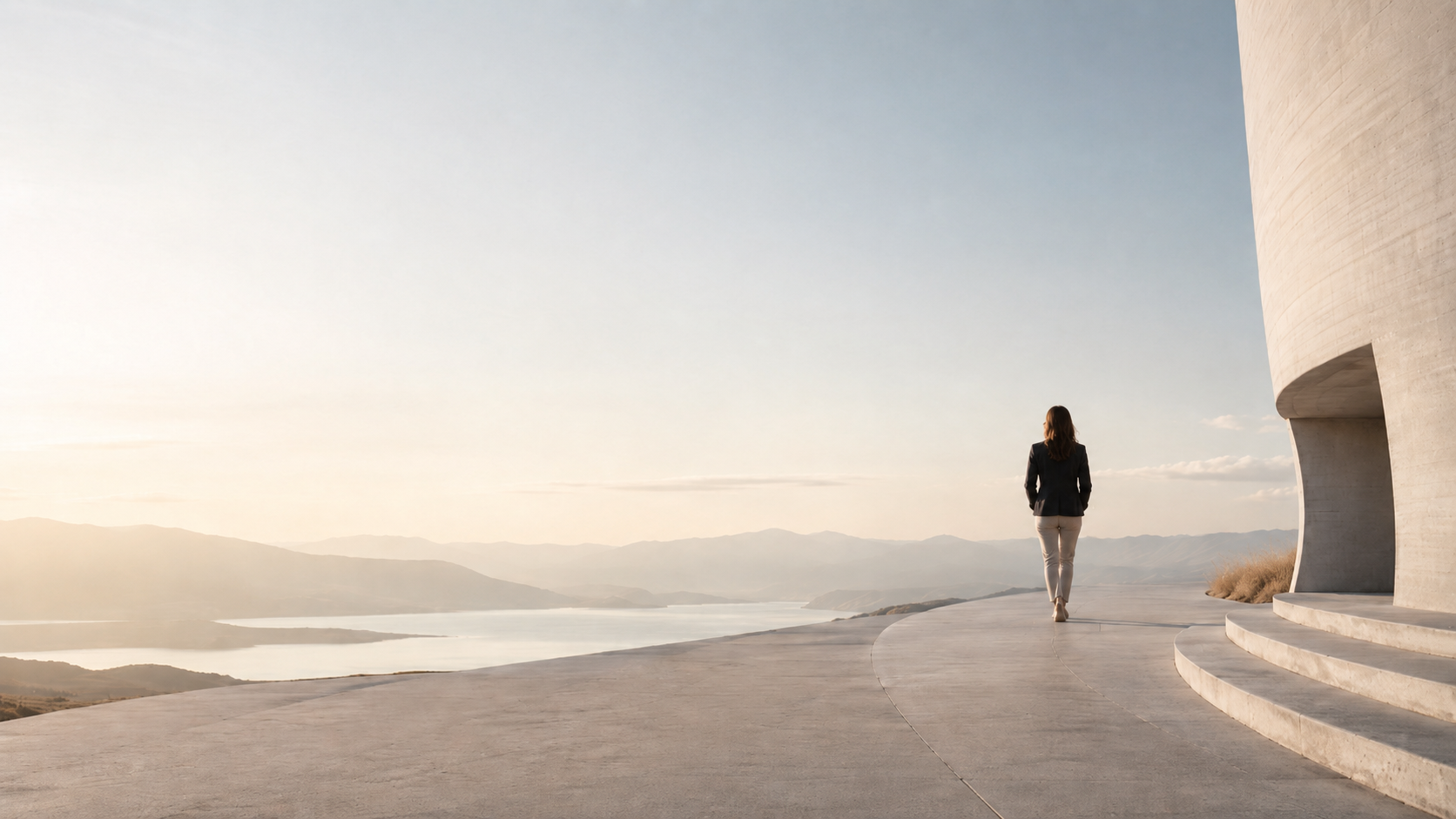 Woman walking through an open architectural landscape, suggesting reflection, transition and perspective.