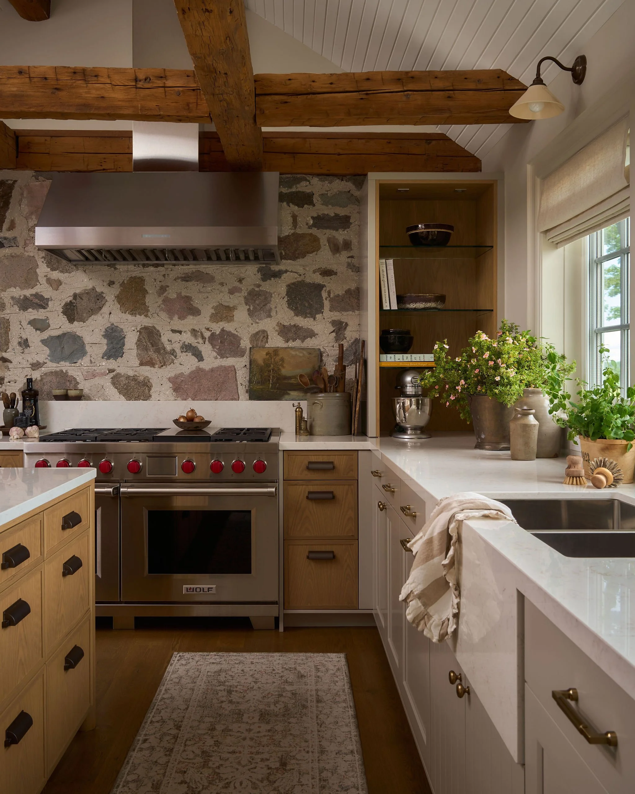 10 Modern Farmhouse Kitchen Stone Wall Wood Beams.jpg