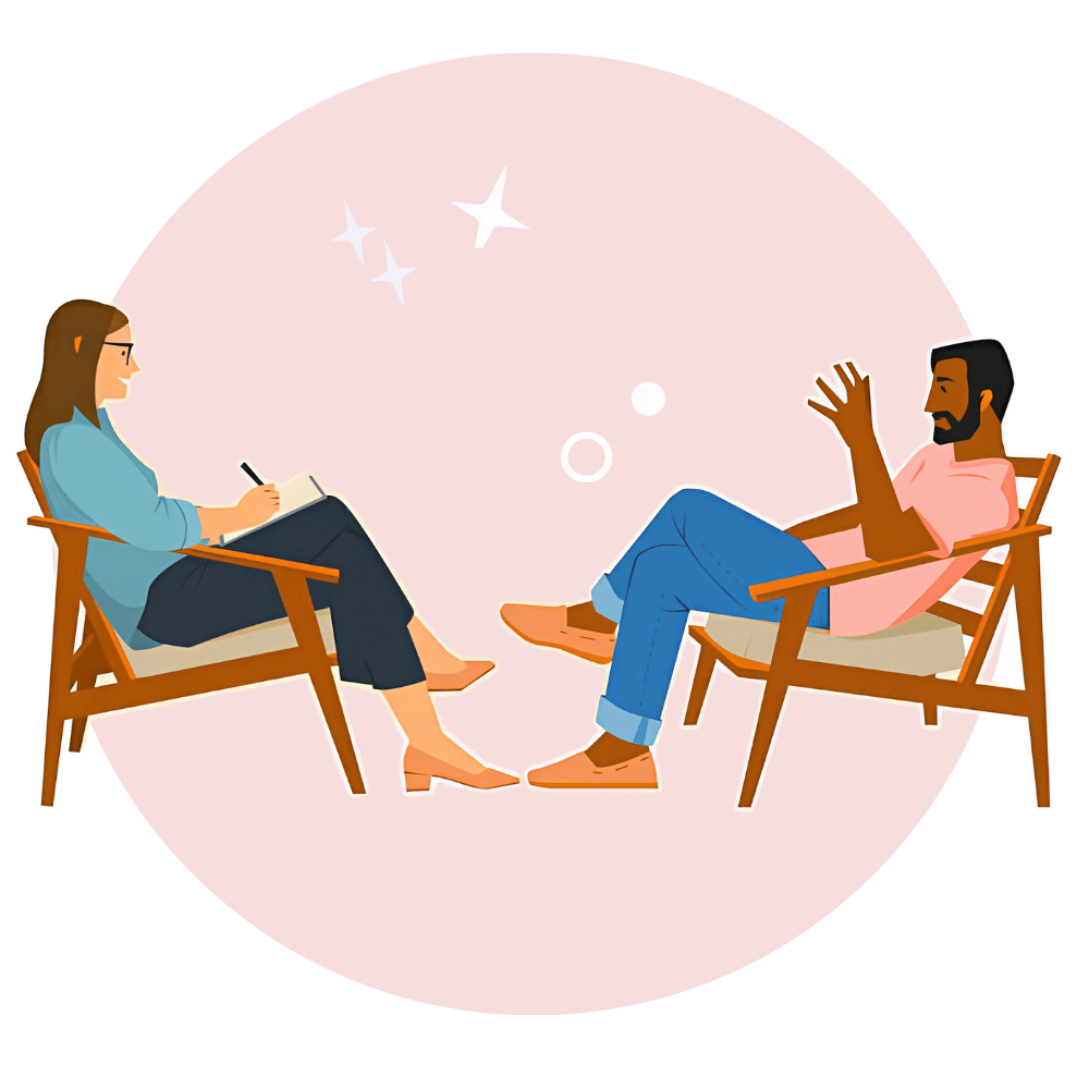 Illustration of a client relaxing in a counseling session with Katharine Jamison at her Boise office