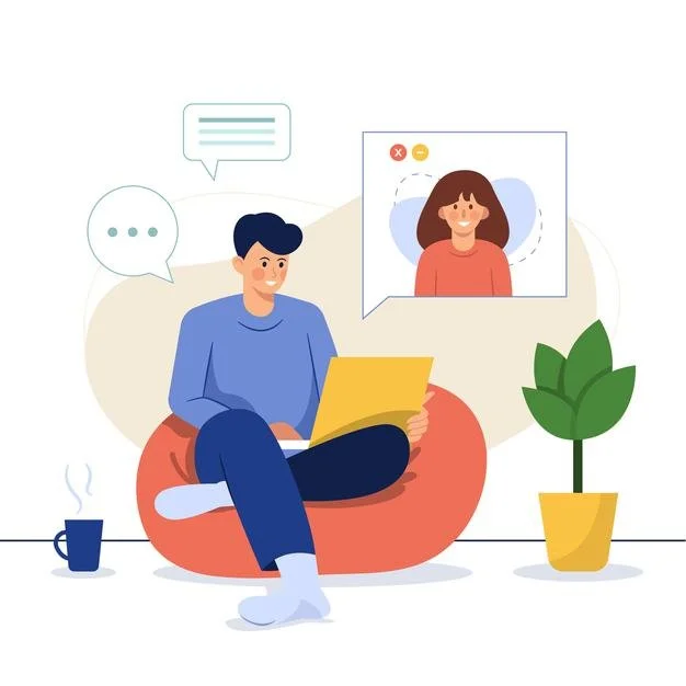 Illustration of a man working on a laptop while video chatting with a woman, seated beside a potted plant and coffee mug.