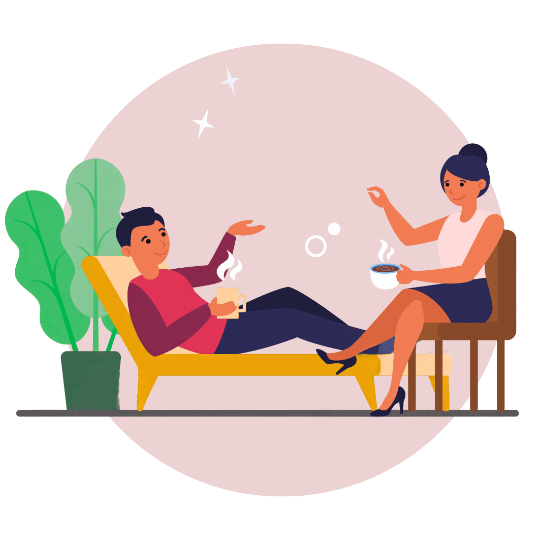 Relaxed illustration of a client drinking coffee and in a counseling session with Katharine Jamison at her Boise office