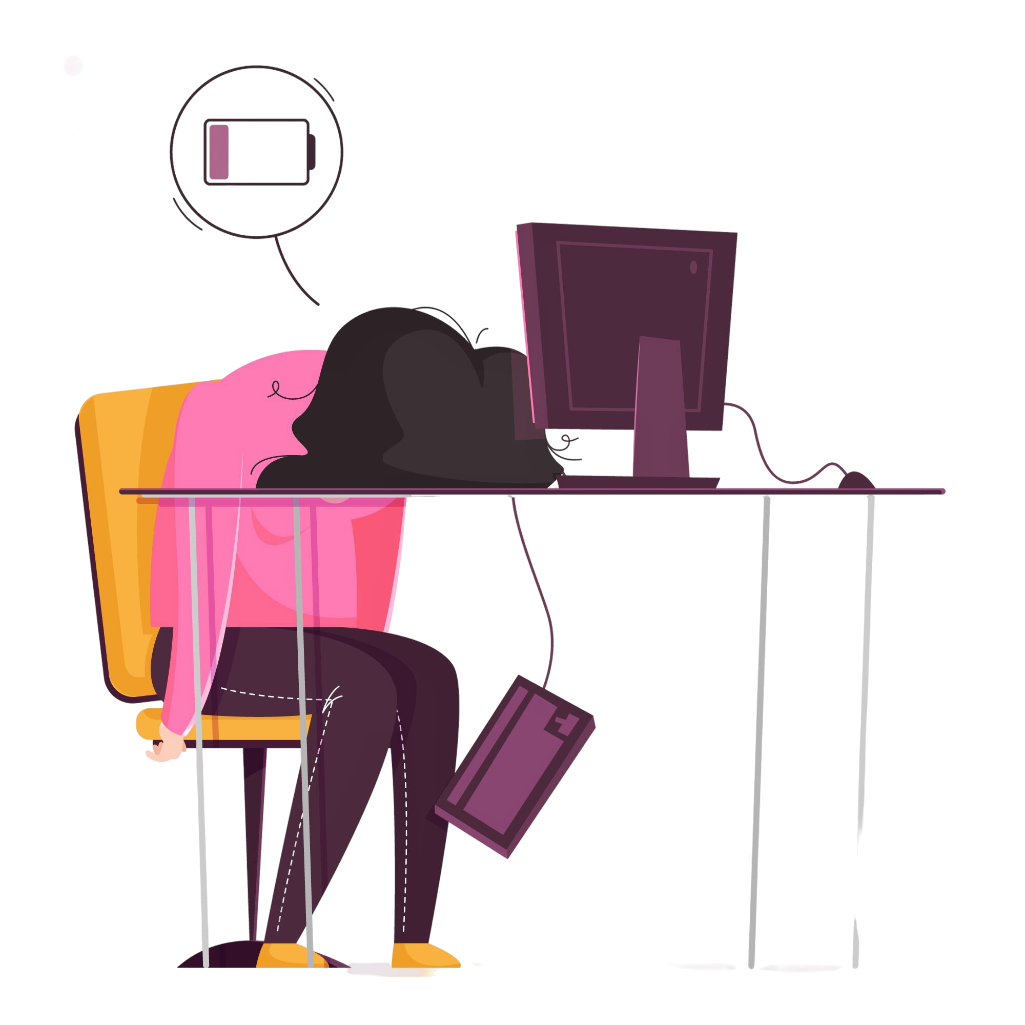 Person slumped over in pink and yellow chair at a desk with computer, head resting on the desk, appearing tired or exhausted.