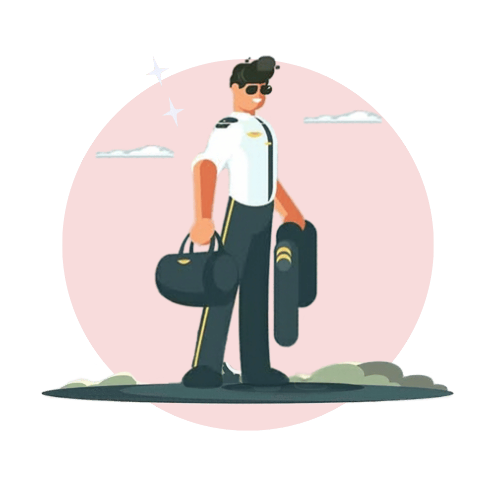 Illustration of a smiling pilot wearing sunglasses and carrying a duffel bag and flight case