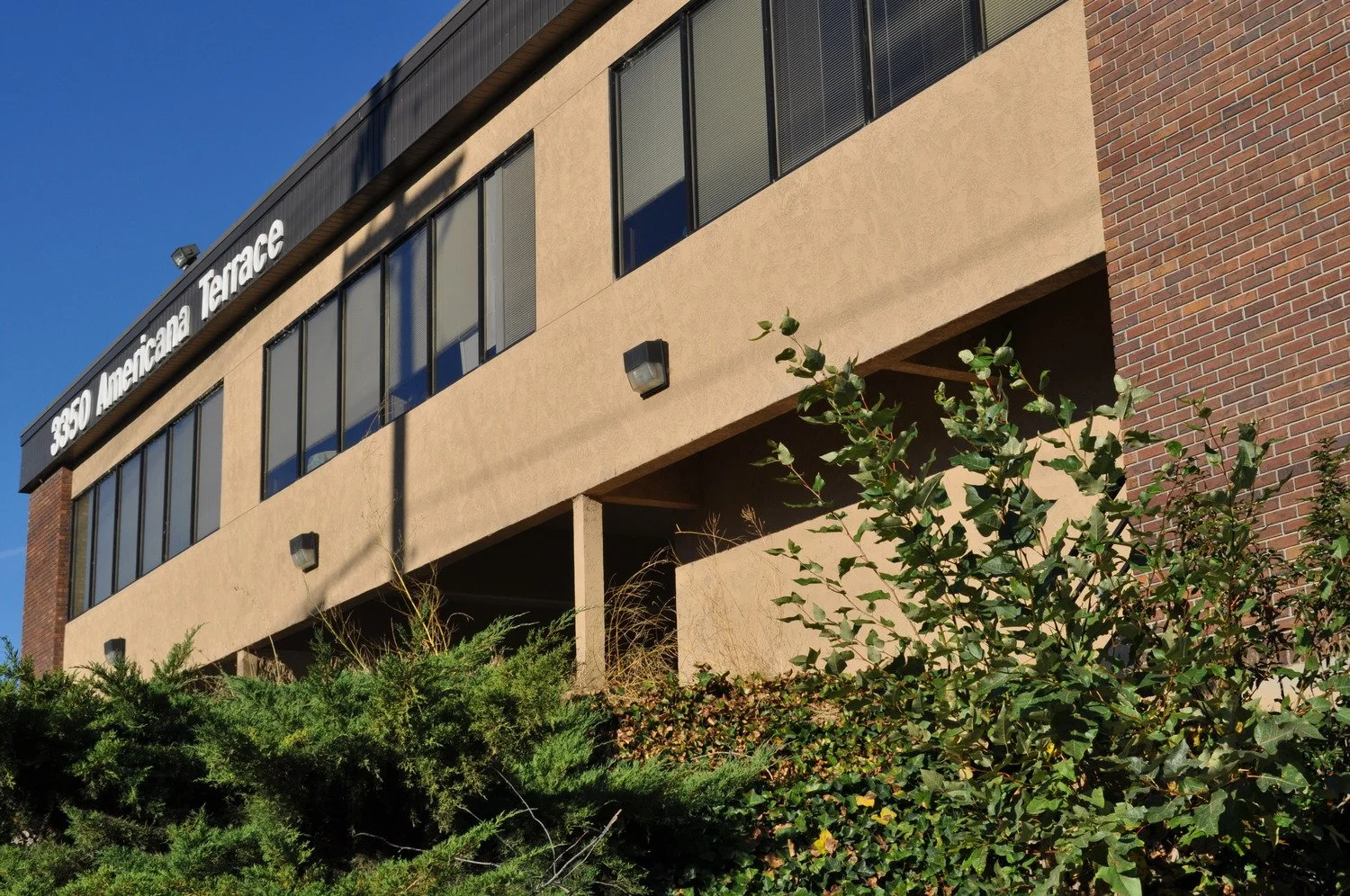 Exterior view of a building named '3850 Americana Terrace' with large windows, surrounded by green bushes and a clear blue sky.