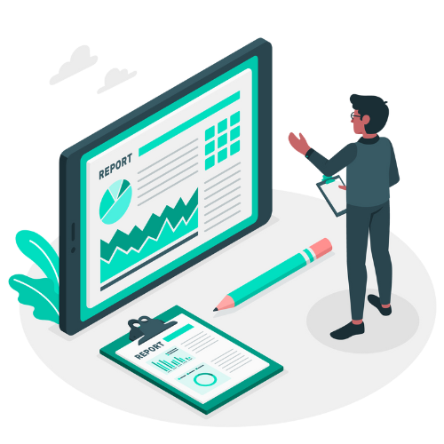 Illustration of a business analyst reviewing a report dashboard with charts, graphs, and data on a large monitor